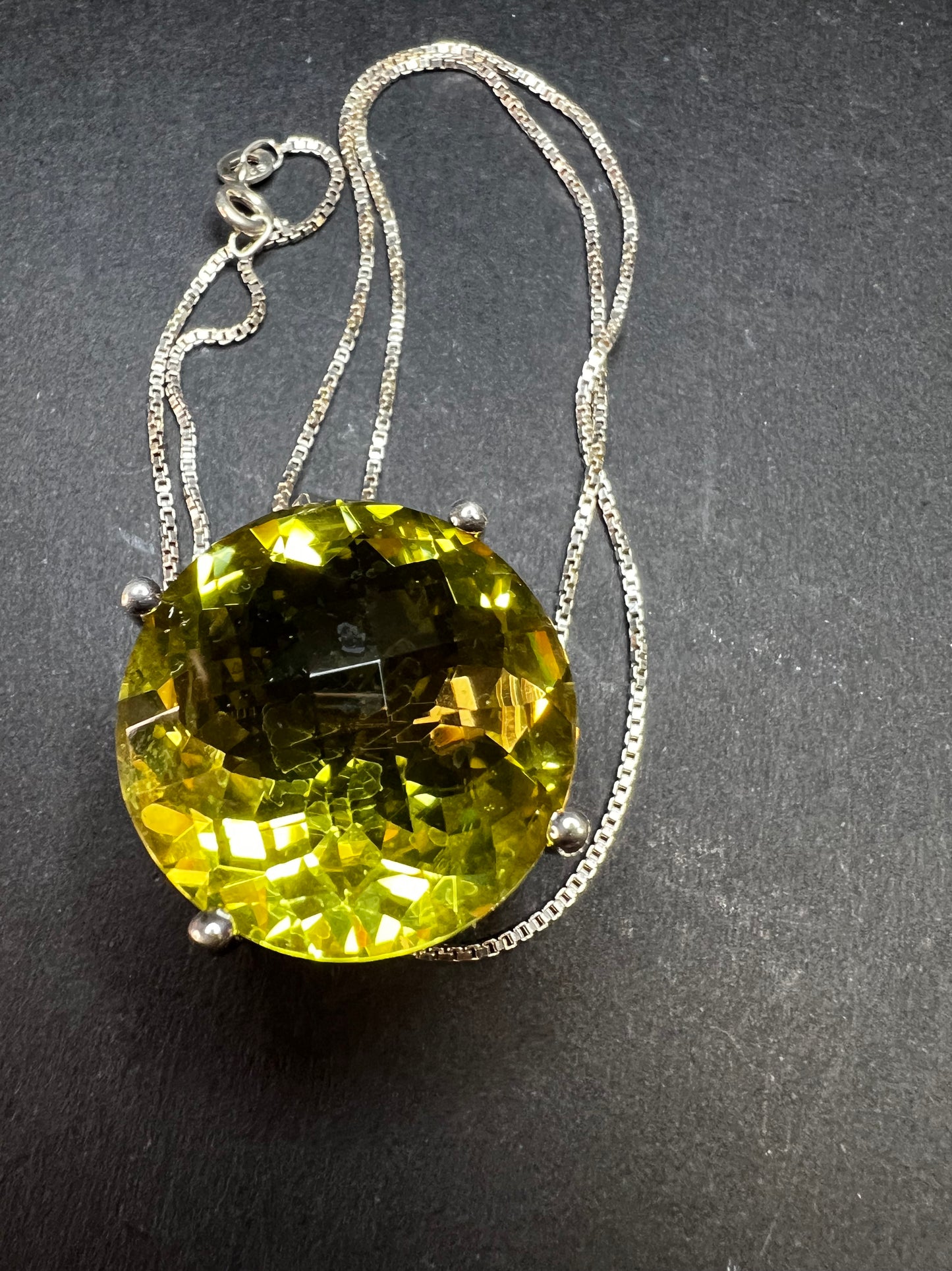 Huge Lemon Quartz Sterling Silver Statement Pendant Necklace 18” Chain