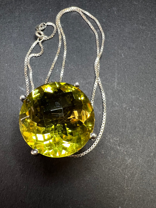Huge Lemon Quartz Sterling Silver Statement Pendant Necklace 18” Chain