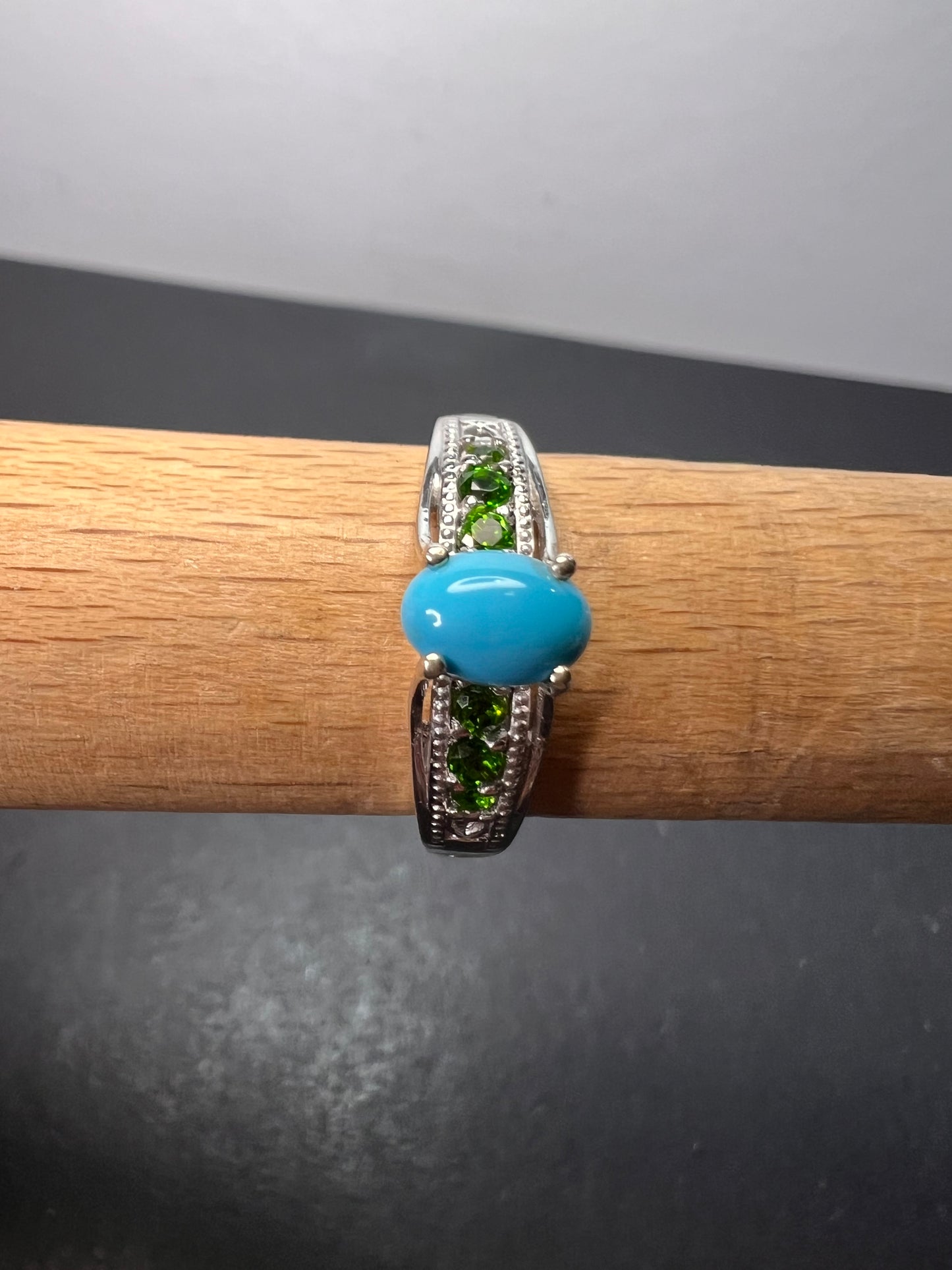 Sleeping Beauty turquoise and chrome diopside sterling silver ring size 9