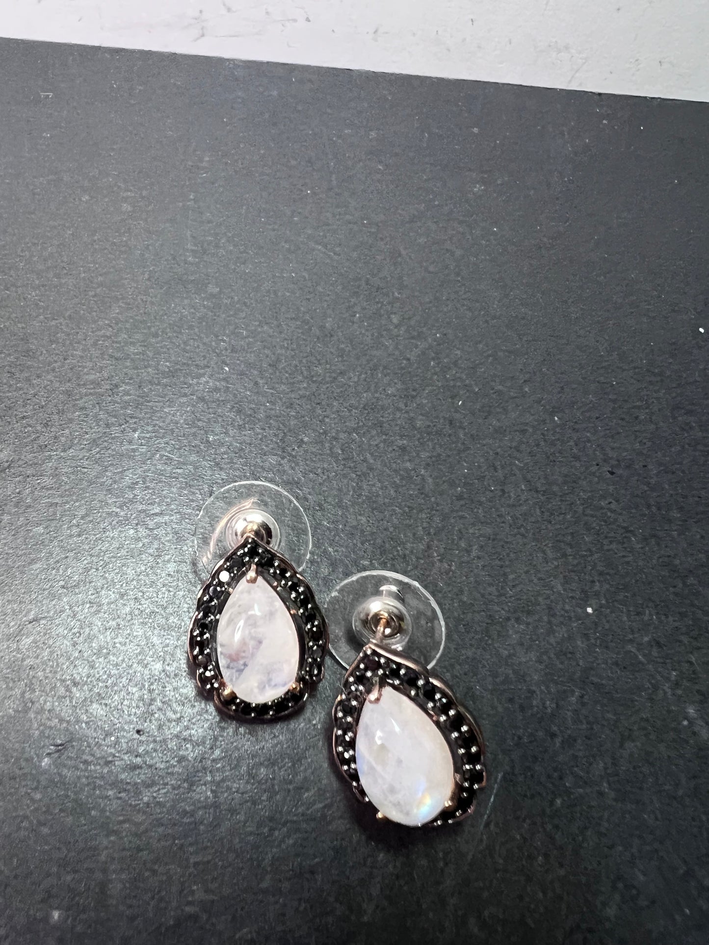 Rainbow moonstone and black spinel tear drop stud halo earrings in rose gold over sterling silver