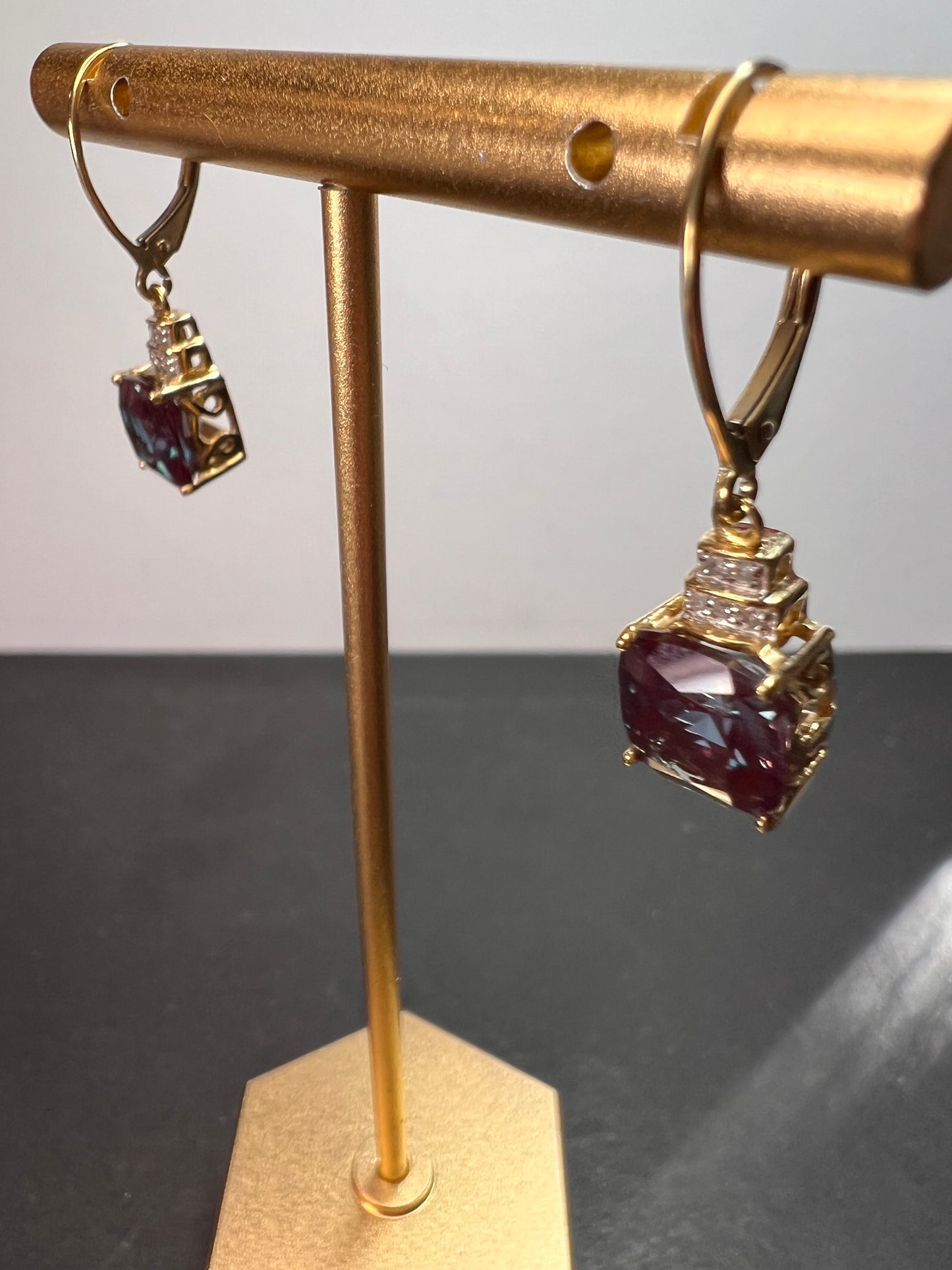 10k gold Lab alexandrite and diamond lever back earrings