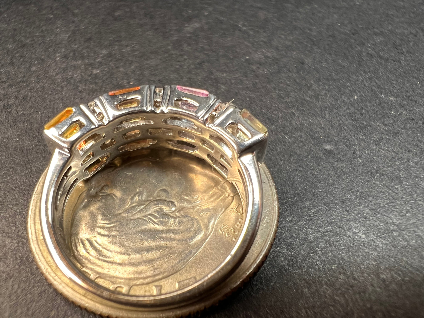 NEW multi sapphire and moissanite art deco style ring in rhodium over sterling silver size 5