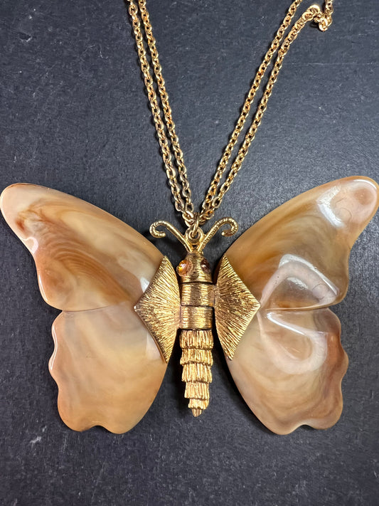 Vintage 70s Articulated Butterfly Necklace | Root Beer Marbled Wings 26"