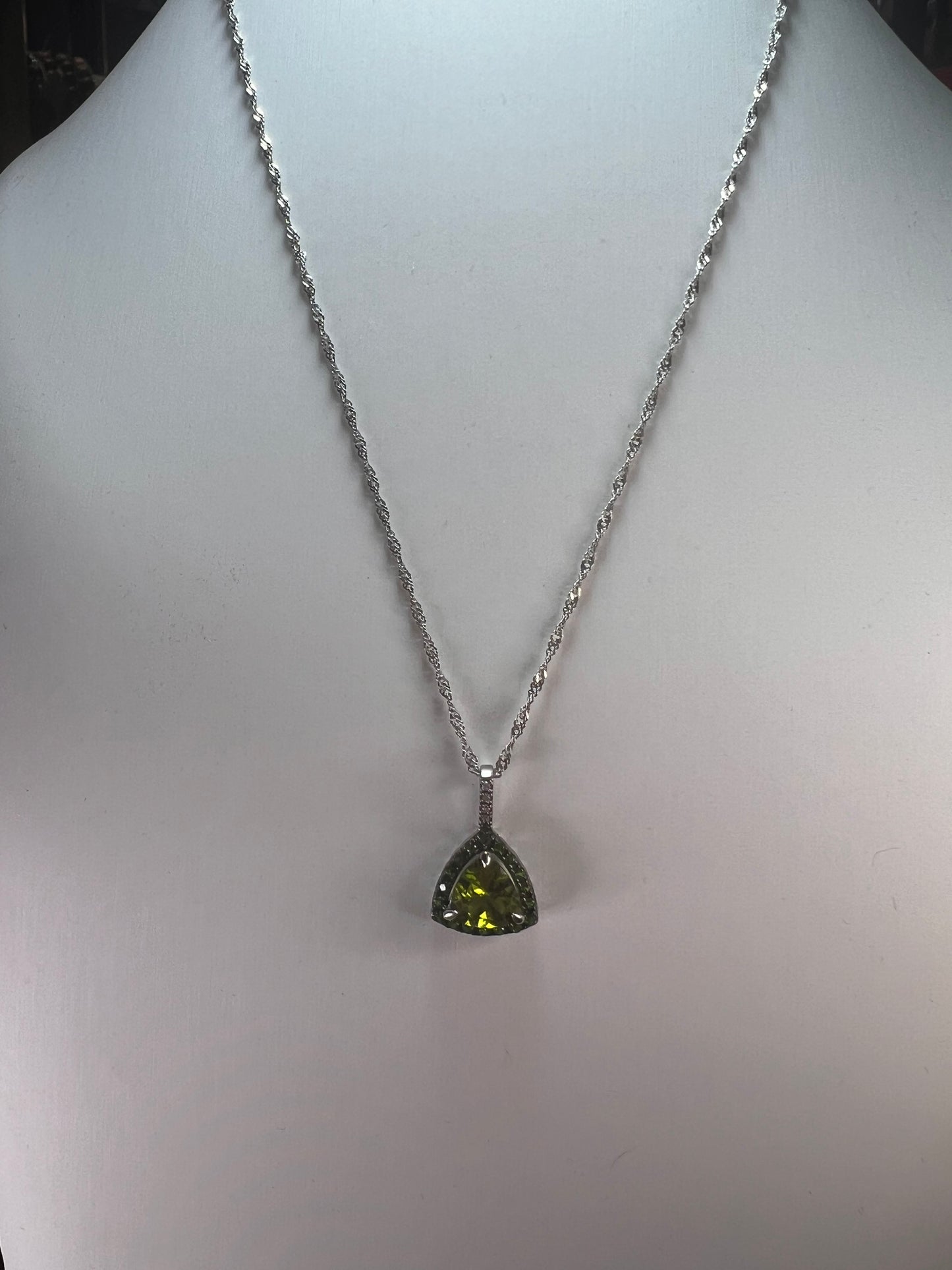 Trillium cut peridot and chrome diopside halo pendant and chain sterling silver necklace