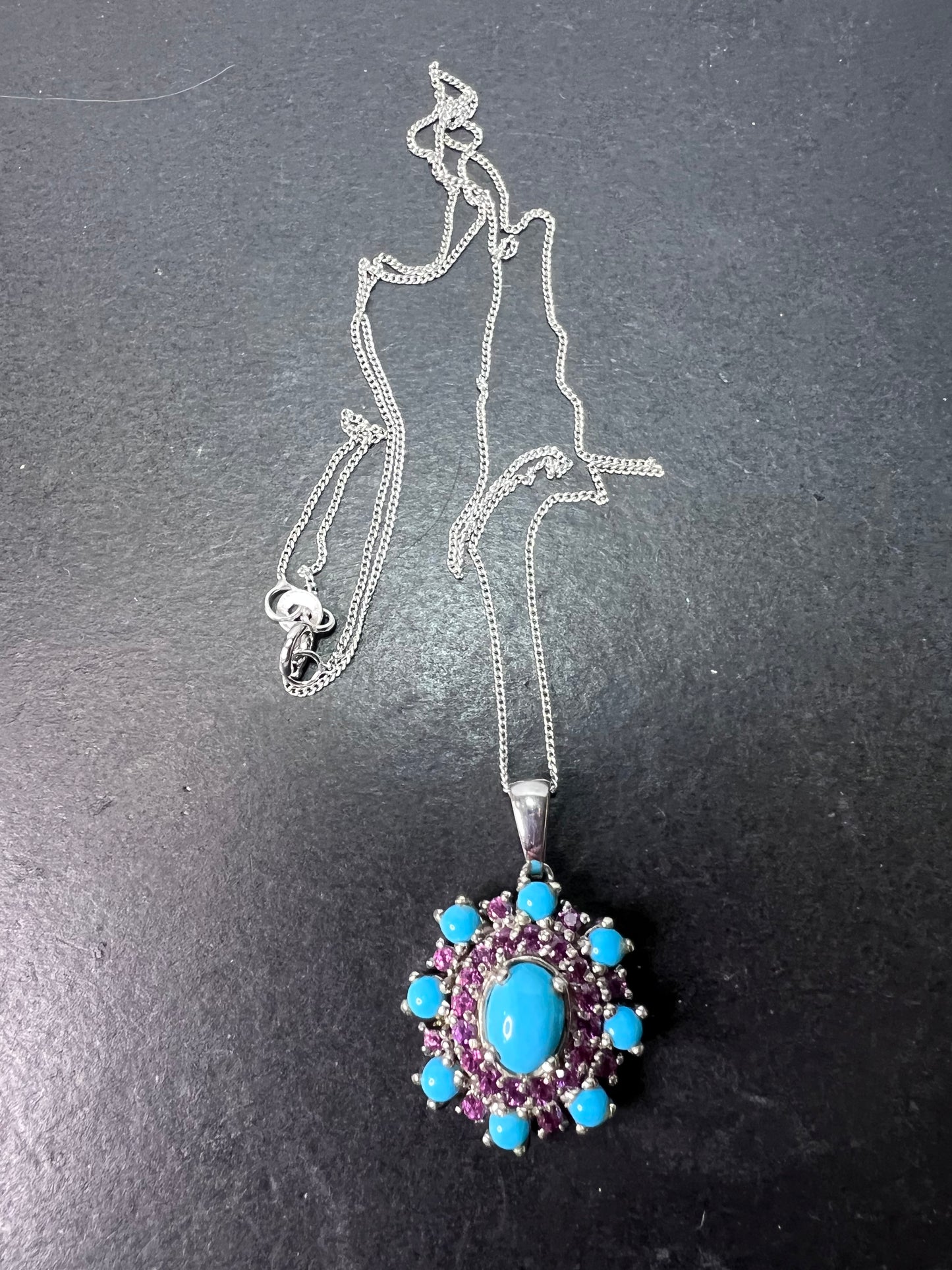 Turquoise grape rhodolite garnet sterling silver pendant and chain