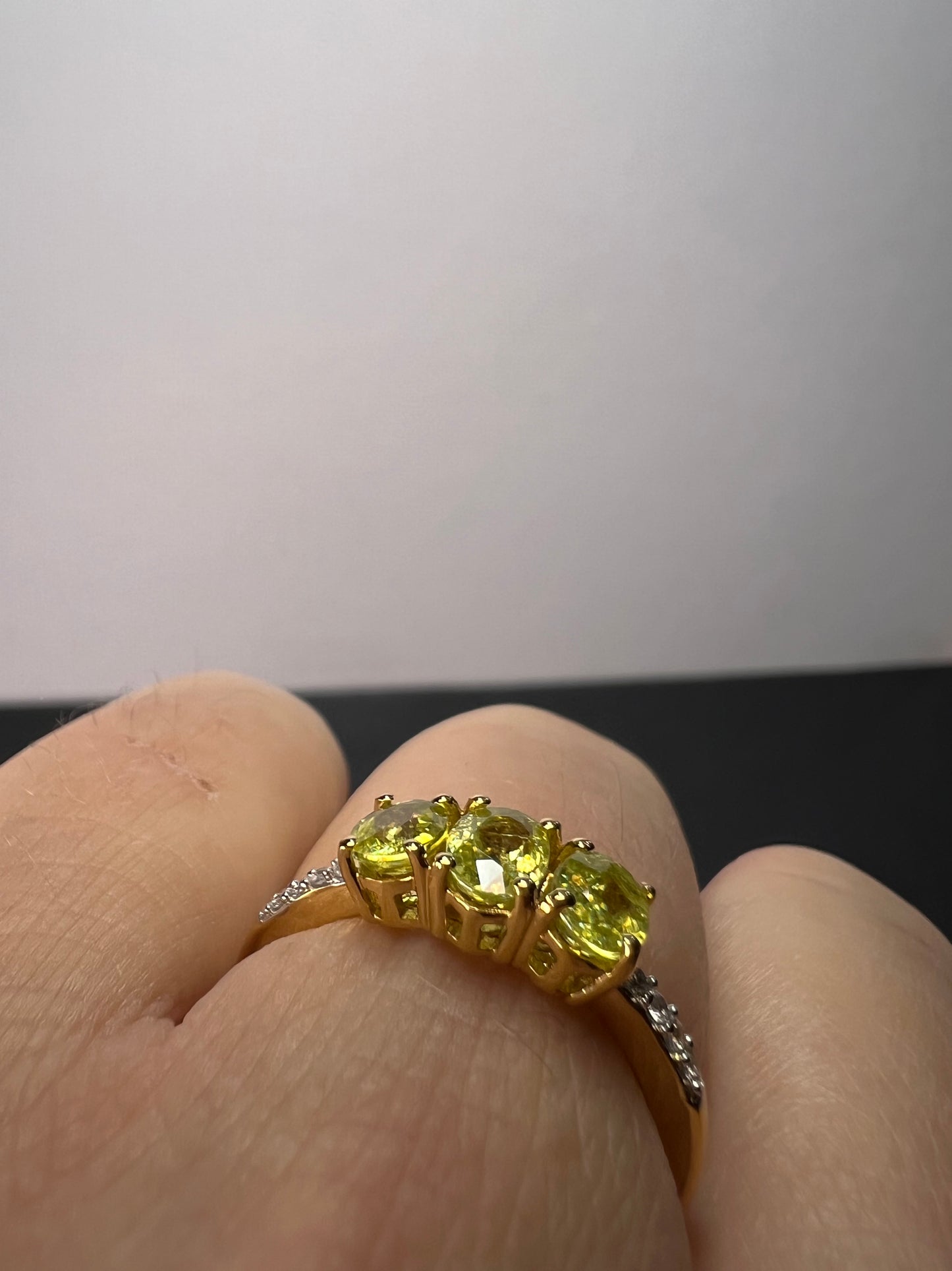 Sava sphene and white zircon triple stone ring in vermeil yellow gold over sterling silver size 8 *NEW*