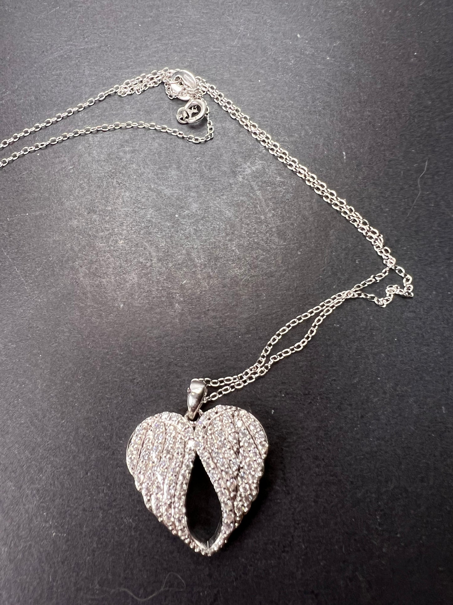 Angel wings CZ heart pendant and chain sterling silver necklace