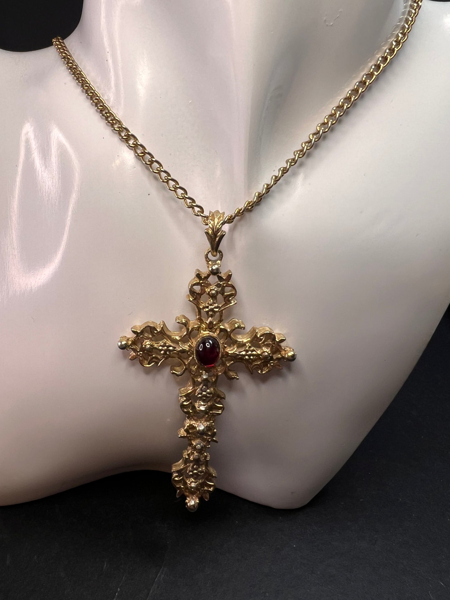 Vintage Avon Red Cabochon Filigree Cross Necklace 24”