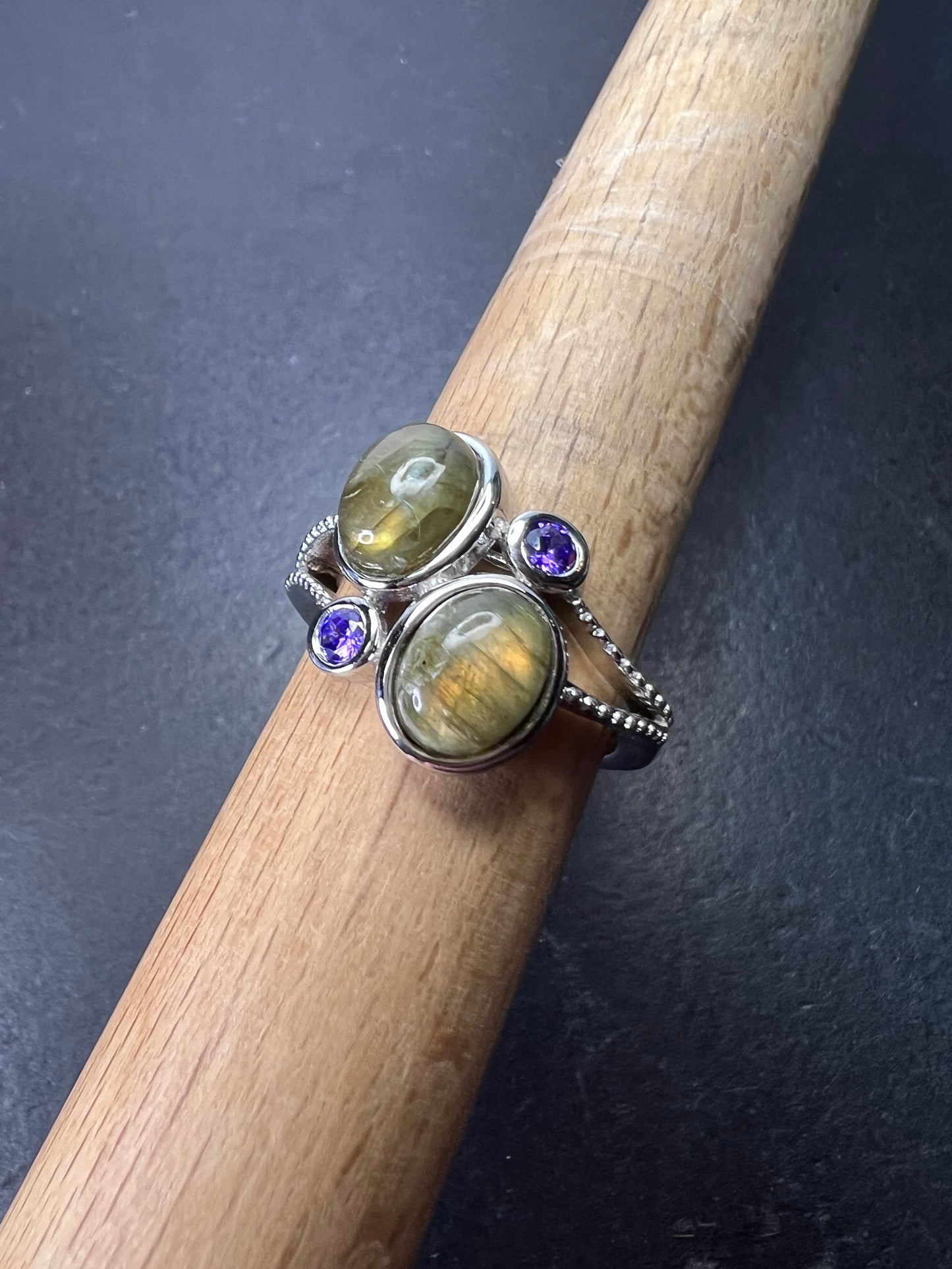 Labradorite and purple CZ sterling silver ring size 9