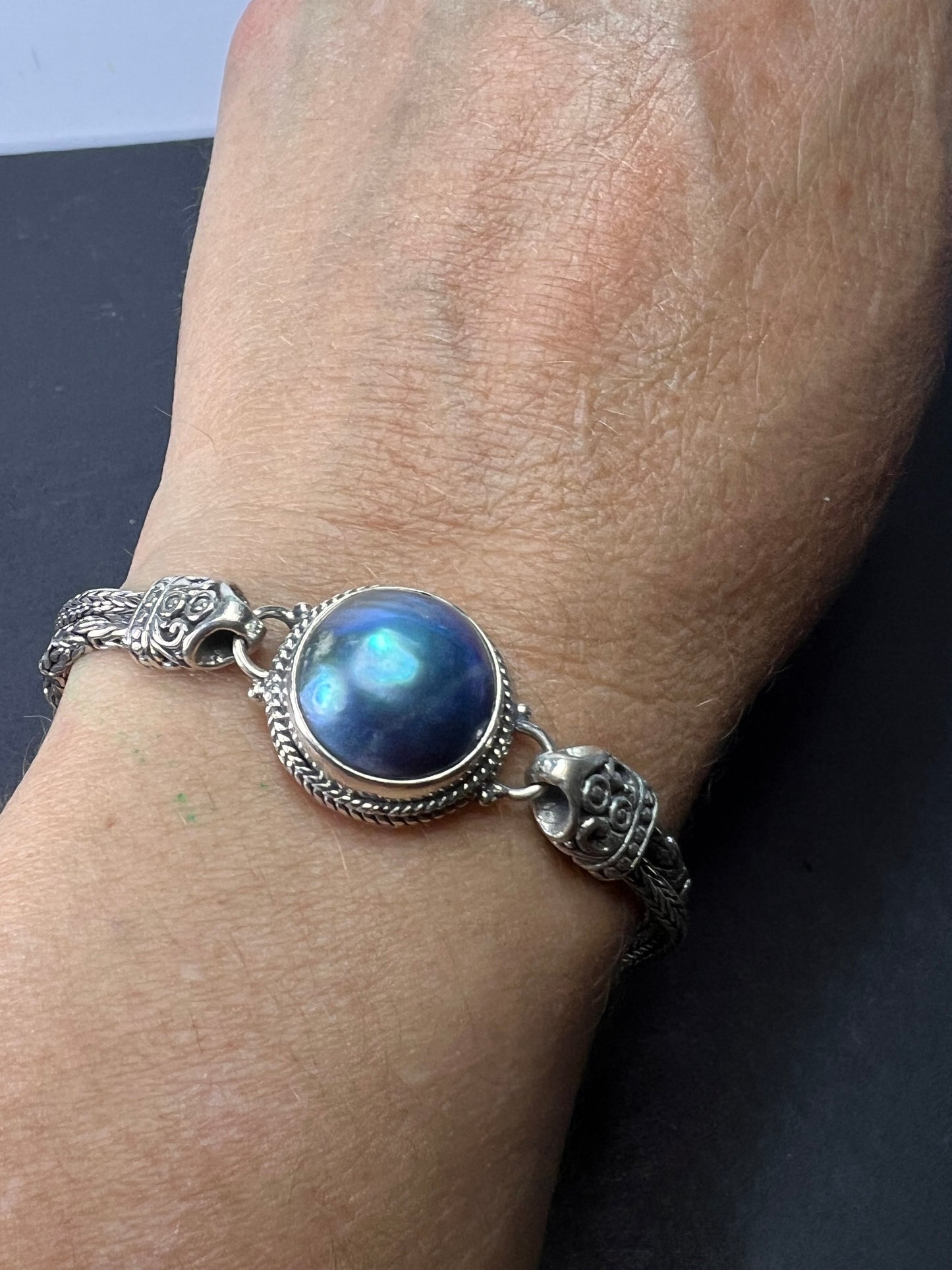 Balinese style Byzantine sterling silver grey blue mabe pearl toggle bracelet