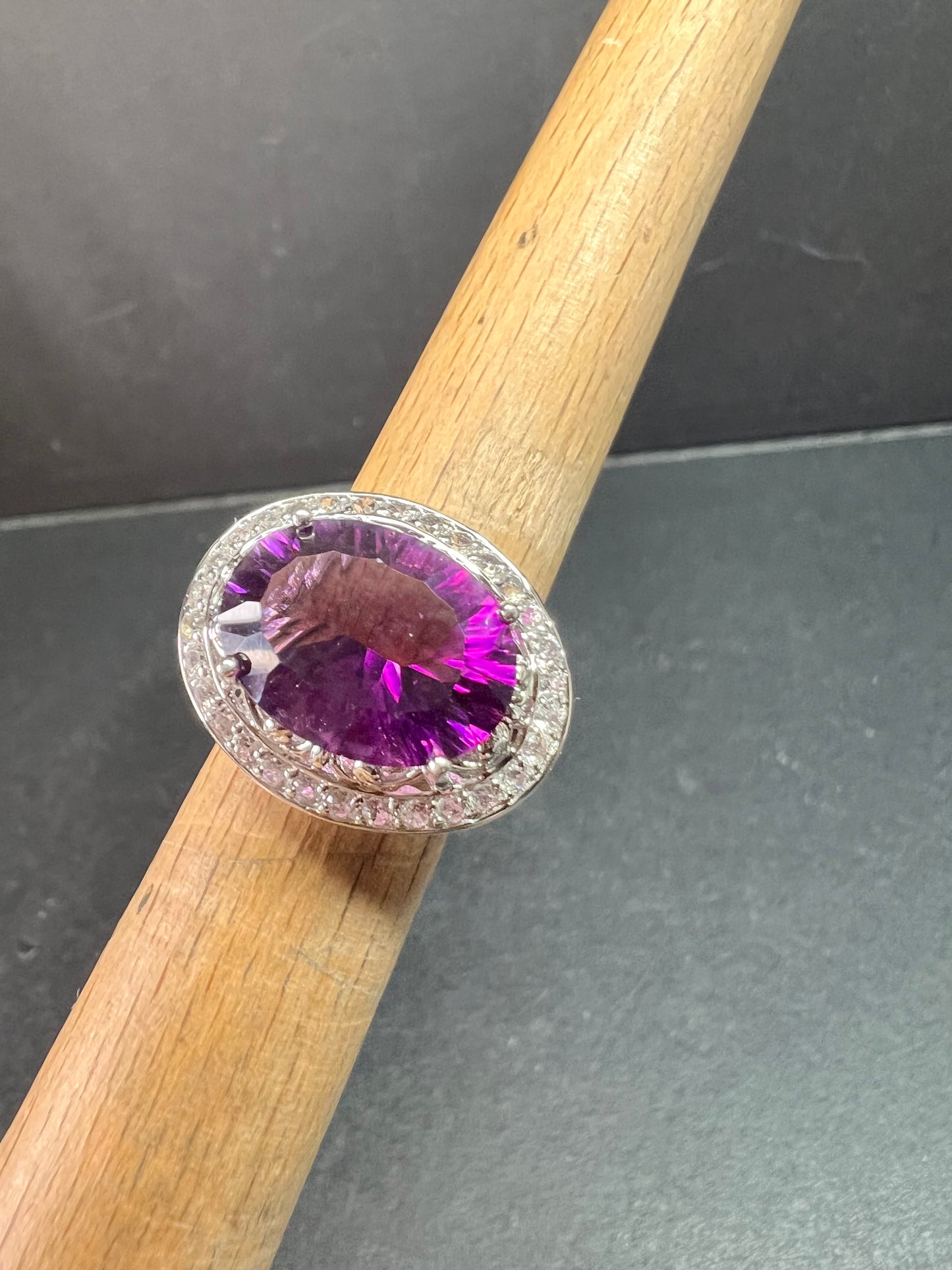 Sterling Silver Purple Fluorite & White Topaz Halo Ring Size 6