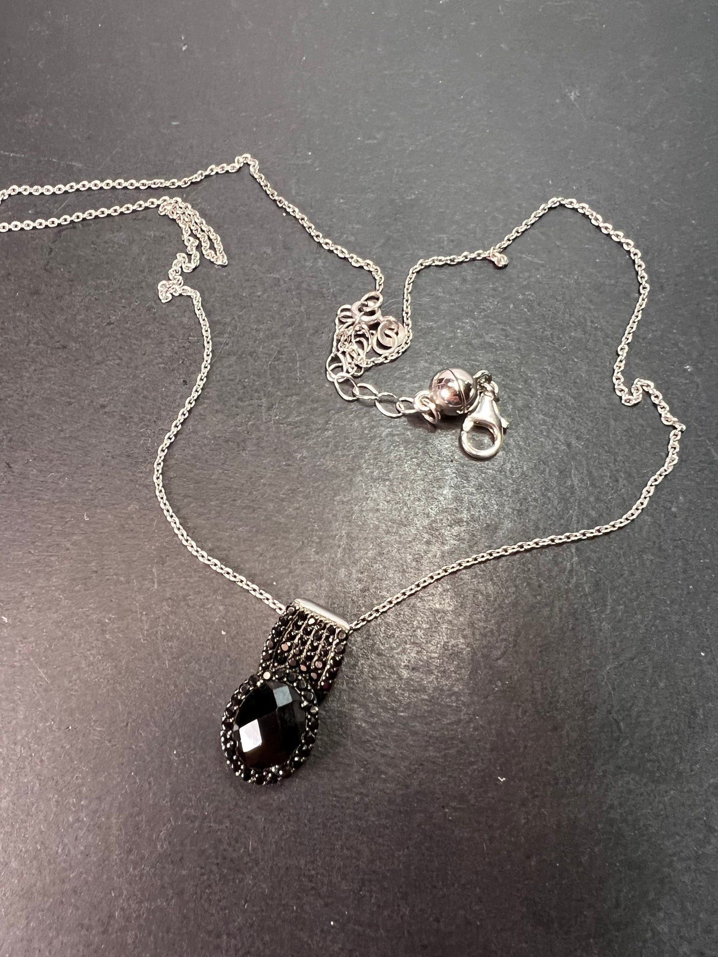 Black spinel pendant and chain necklace in rhodium over sterling silver