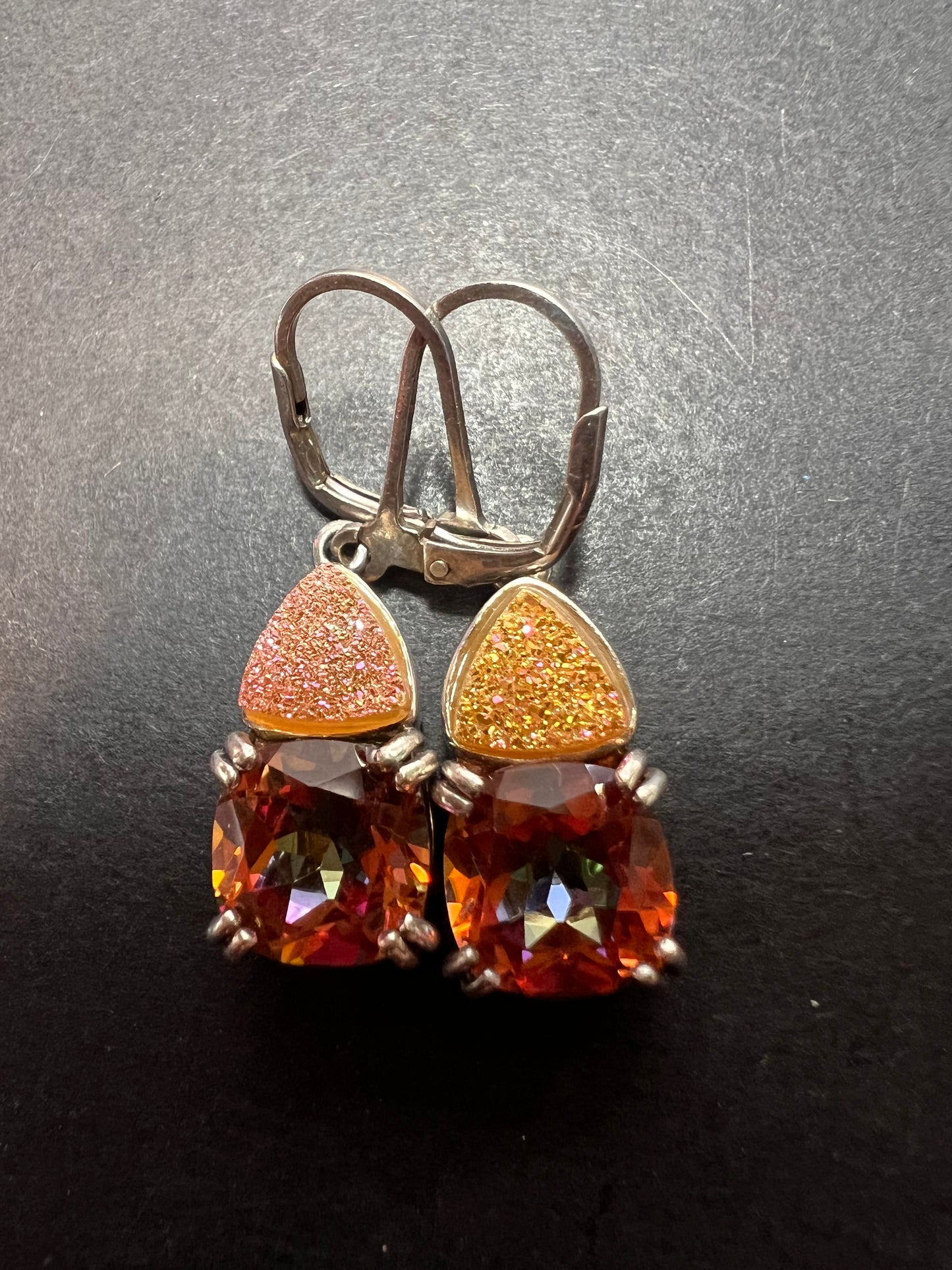 Orange mystic quartz gemstone and druzy sterling silver earrings