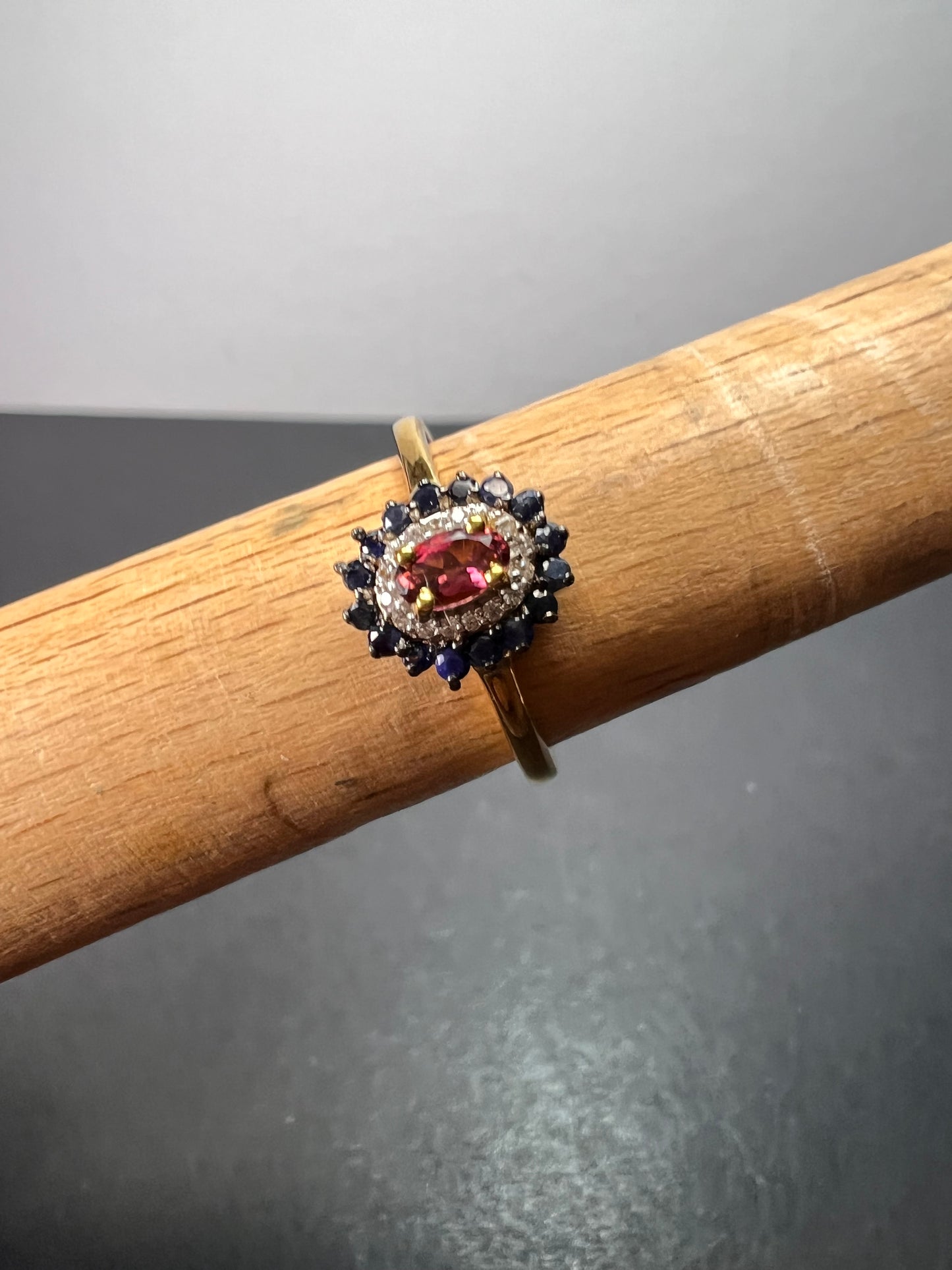 Ofiki rubellite and blue sapphire double halo ring in vermeil yellow gold over sterling silver size 8