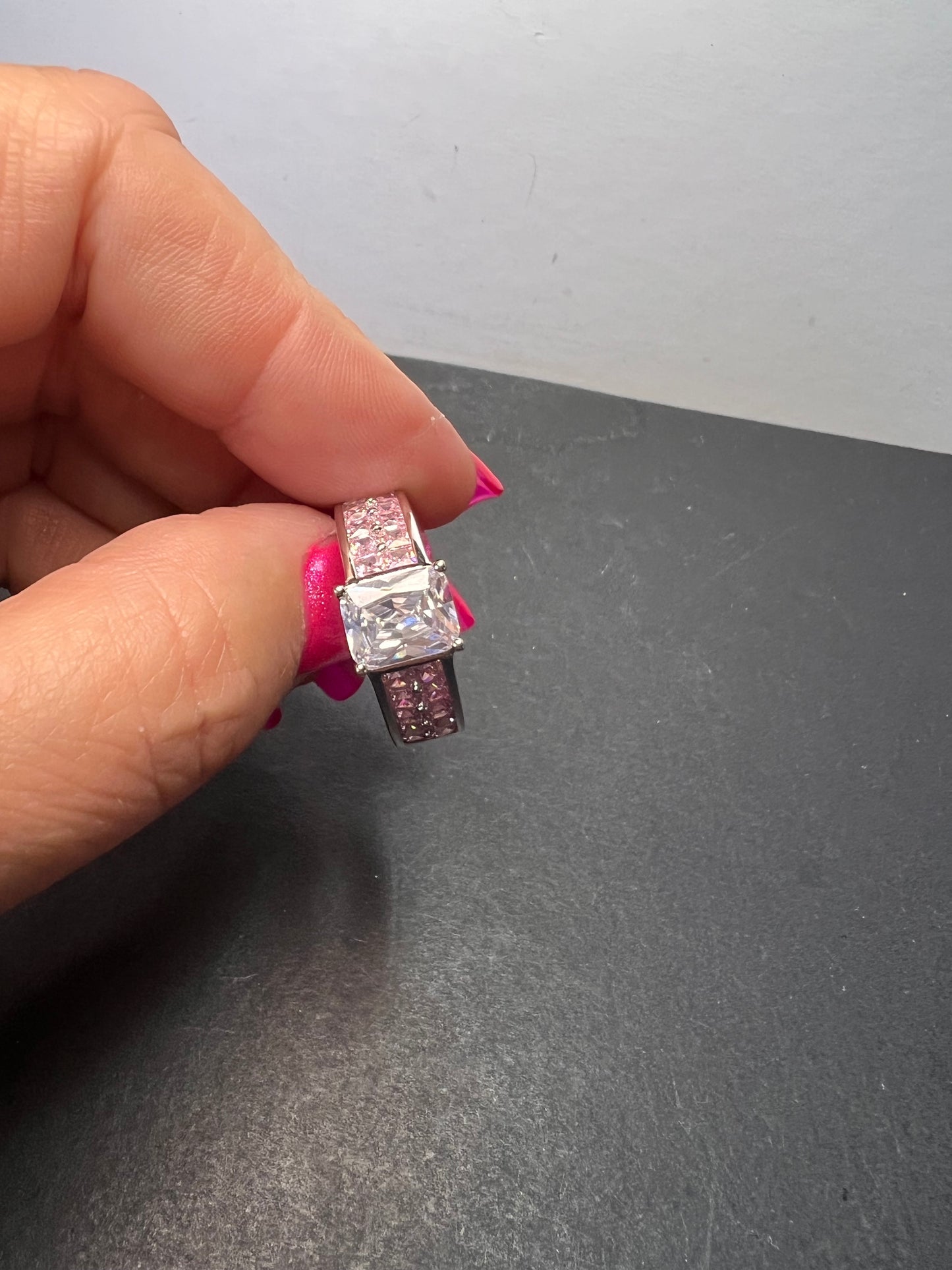 Pink and white CZ rhodium over sterling silver ring size 9