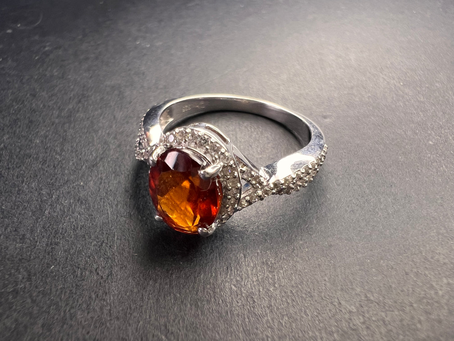 NEW Ceylon Hessonite garnet and zircon ring in rhodium over sterling silver size 7