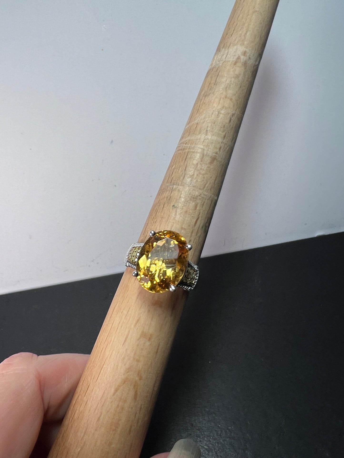 Citrine and yellow diamond ring in sterling silver size 10. 7.55 ctw