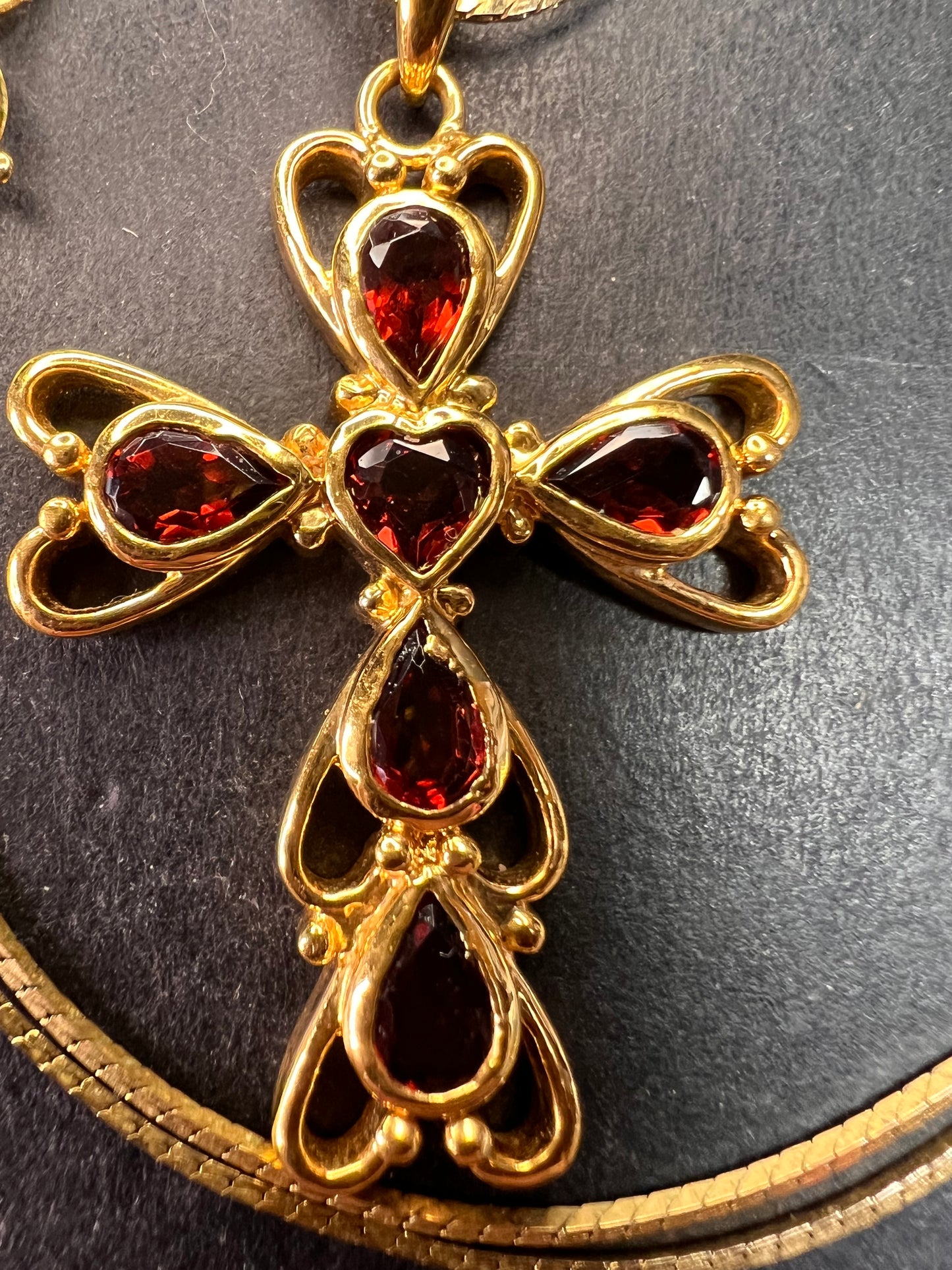 Vintage SETA Garnet Cross Pendant Necklace Gold Tone 24”