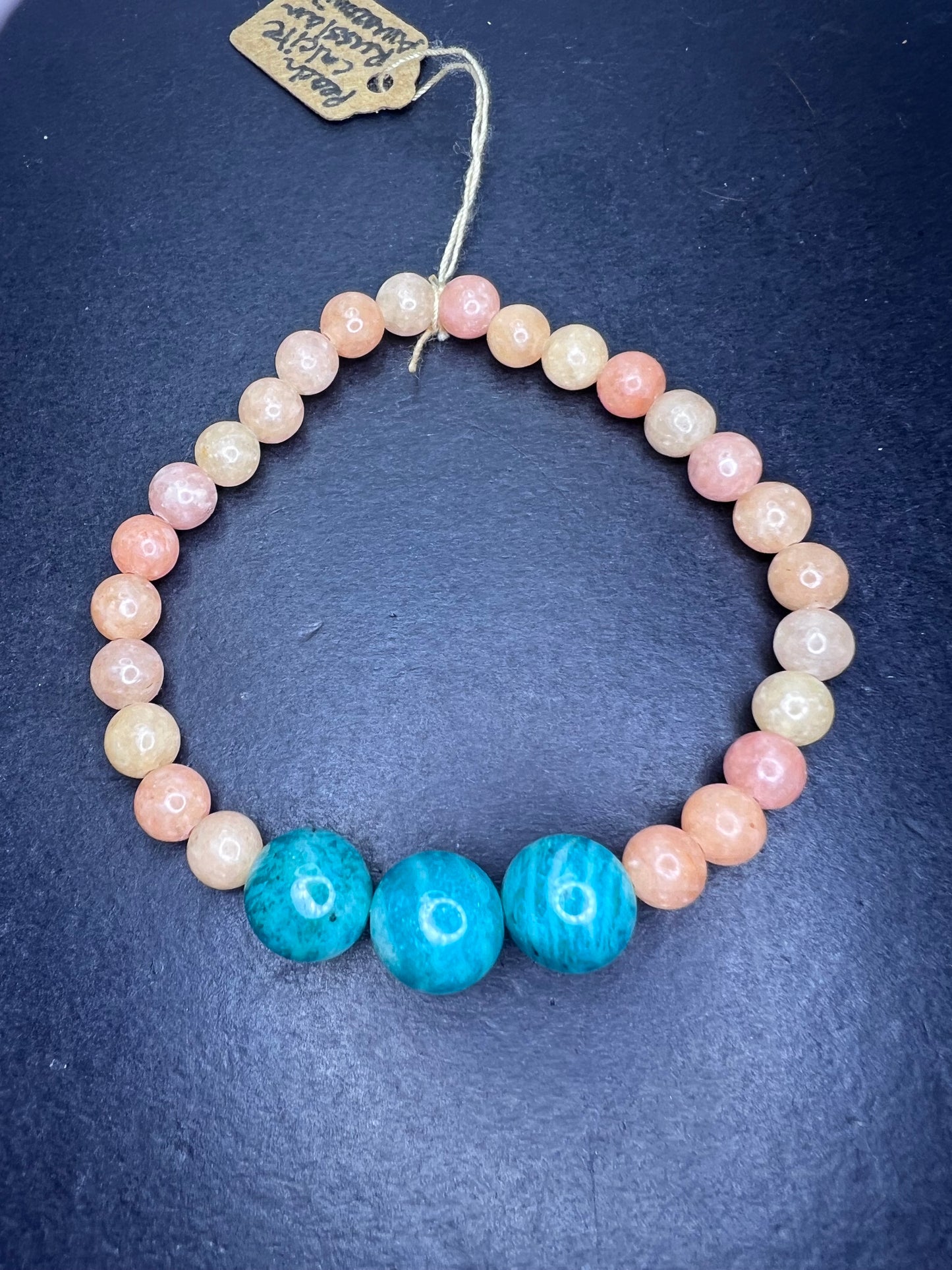 Peach calcite and Russian amazonite stretch bracelet 7 inch