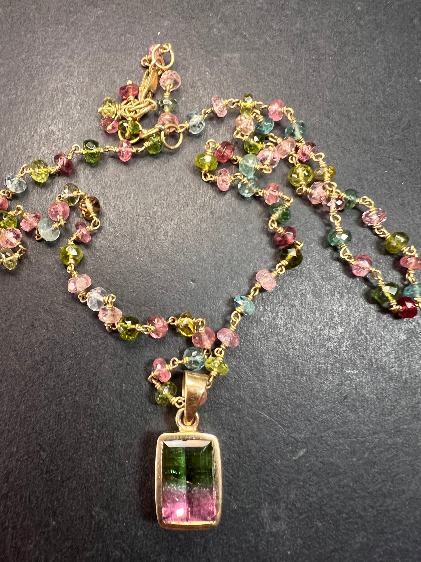 Vintage 14k & 18k gold watermelon tourmaline pendant necklace