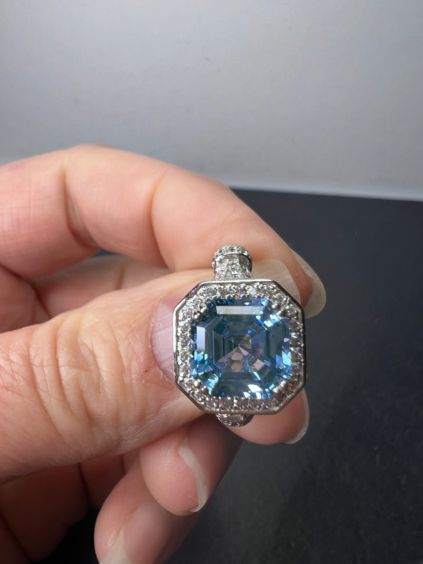 Blue zircon and CZ sterling silver cocktail ring size 7