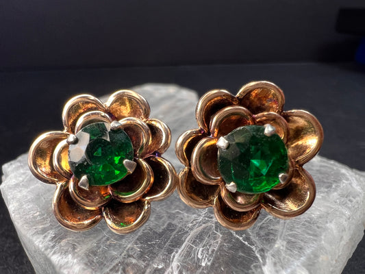 Vintage 1940s Vermeil Flower Screw Back Green Paste Earrings