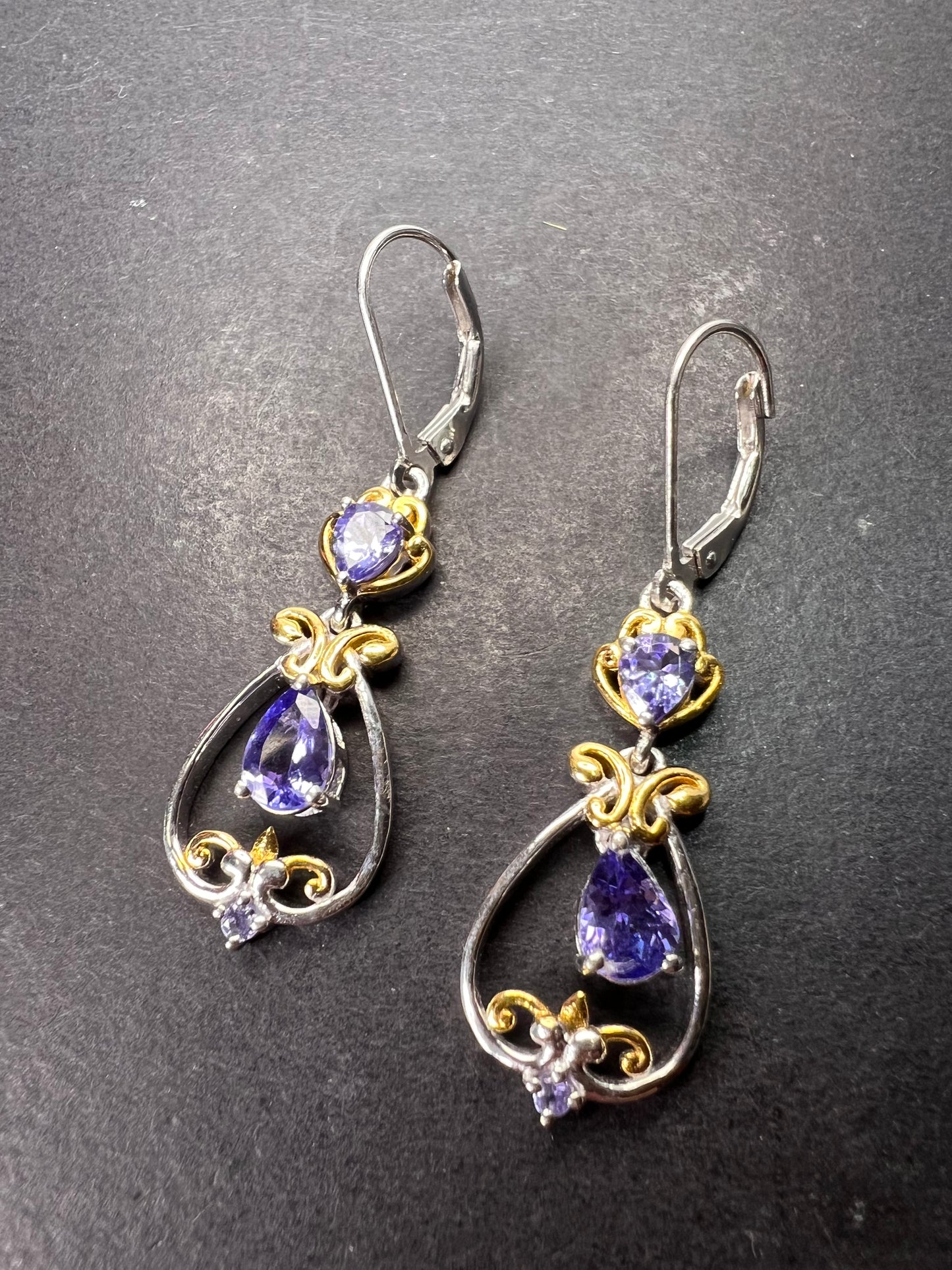 Blue tanzanite two toned sterling silver chandelier lever back earrings