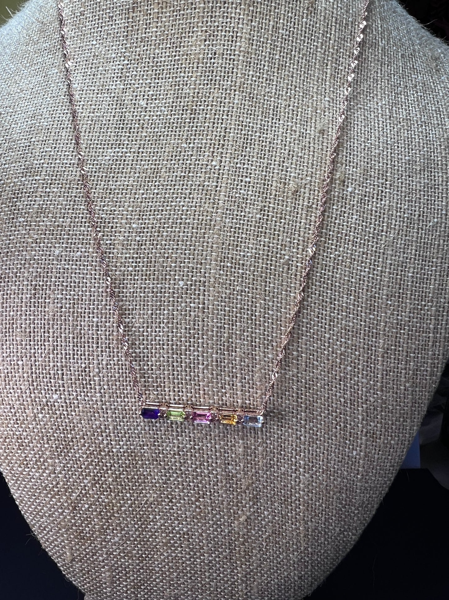 Multi stone bar necklace in 18k rose gold over sterling silver