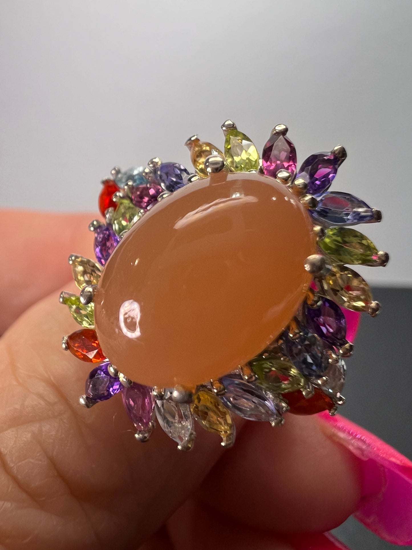 Peach moonstone multi gemstone ring in platinum over sterling silver size 6 *NEW*