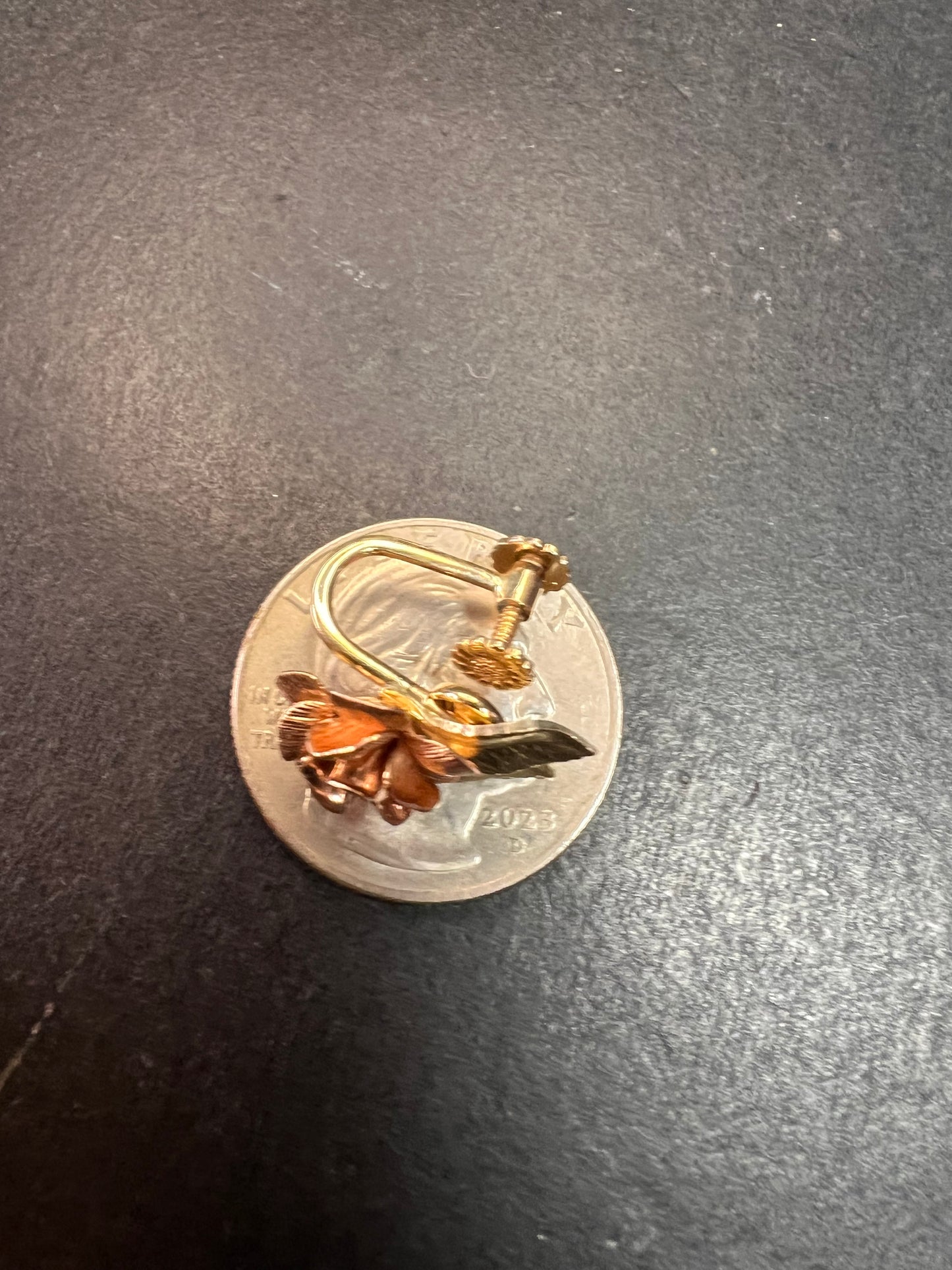 Vintage Krementz Rose and yellow gold tone Flower Leaf Screw Back Earrings