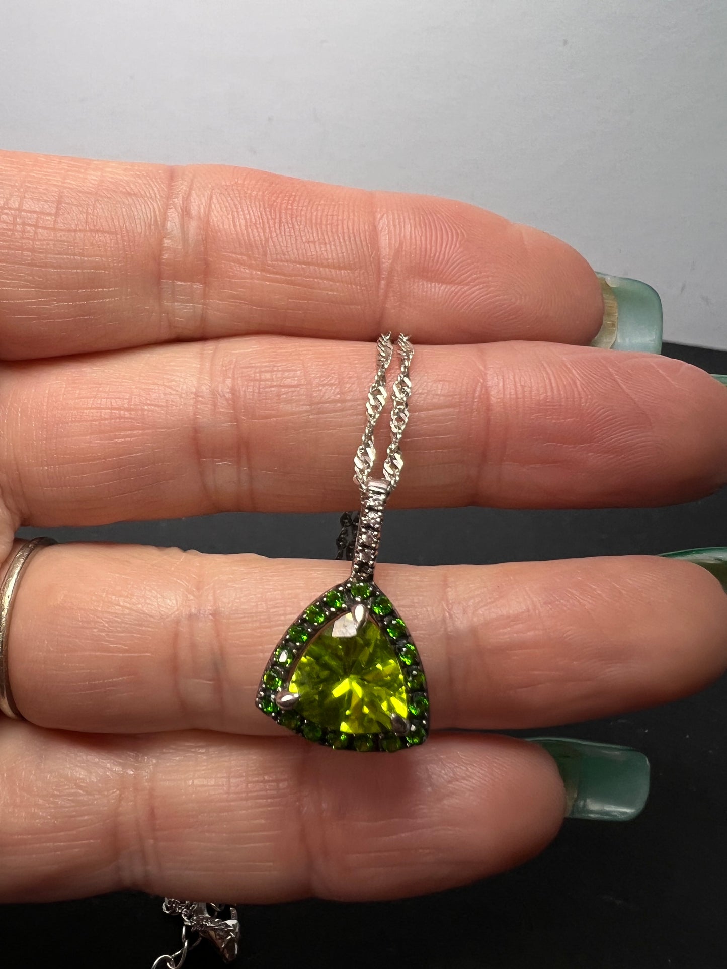 Trillium cut peridot and chrome diopside halo pendant and chain sterling silver necklace