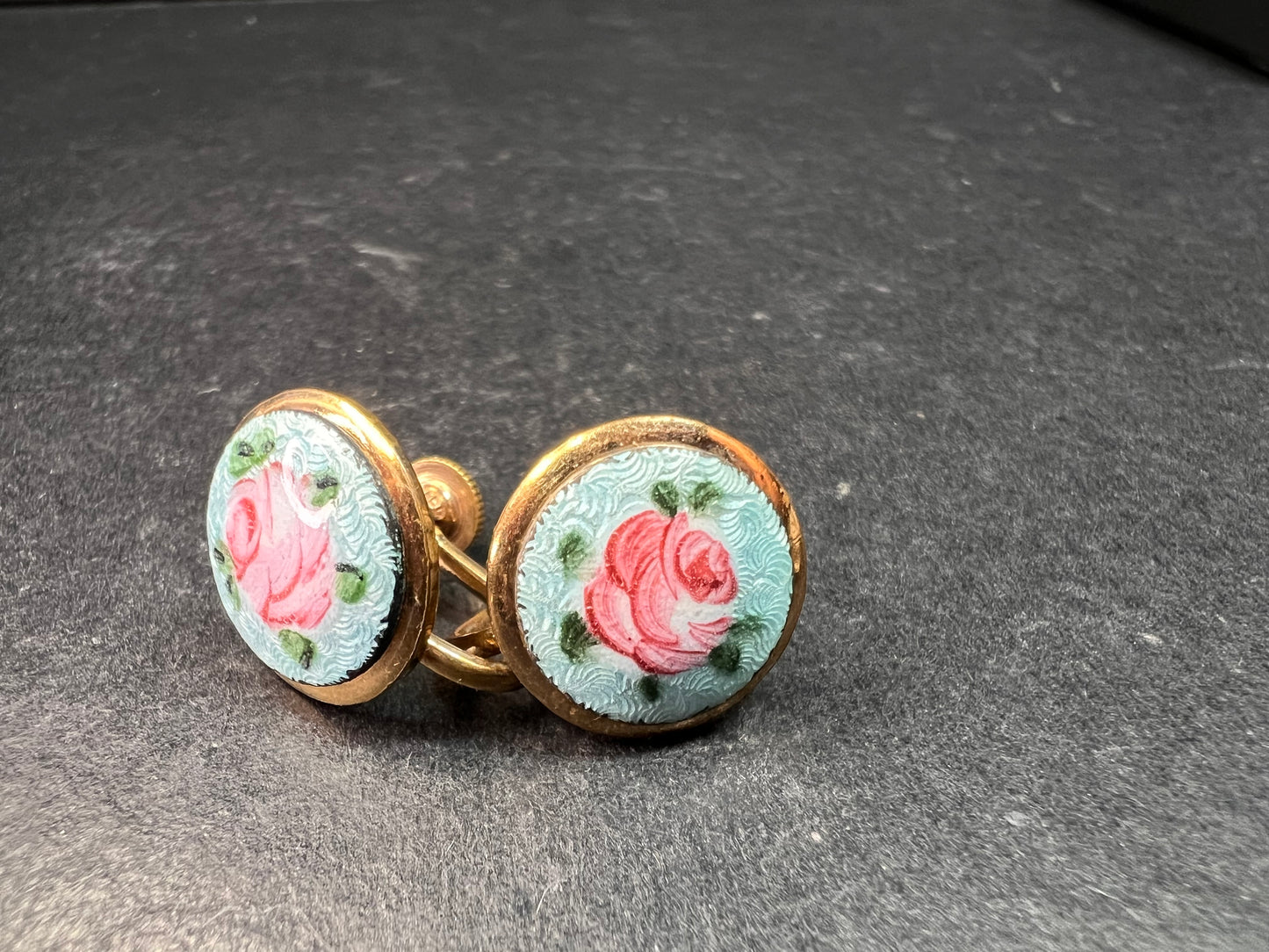 Vintage MCM Gold Tone Guilloche Enamel Pink Rose Screw Back Earrings