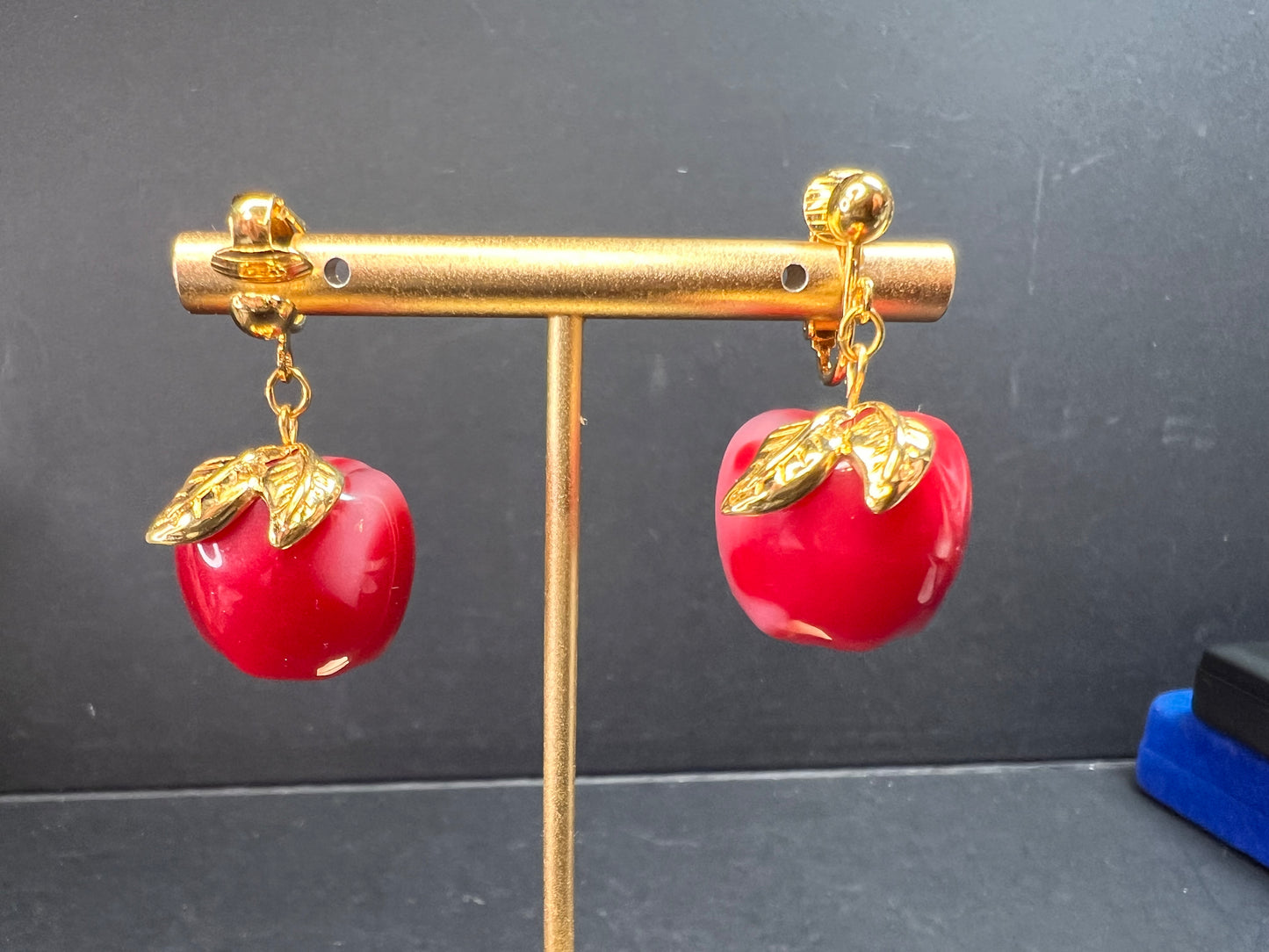 Avon "Apple A Day" Vintage Clip Earrings | Red Lucite Dangle Costume Jewelry