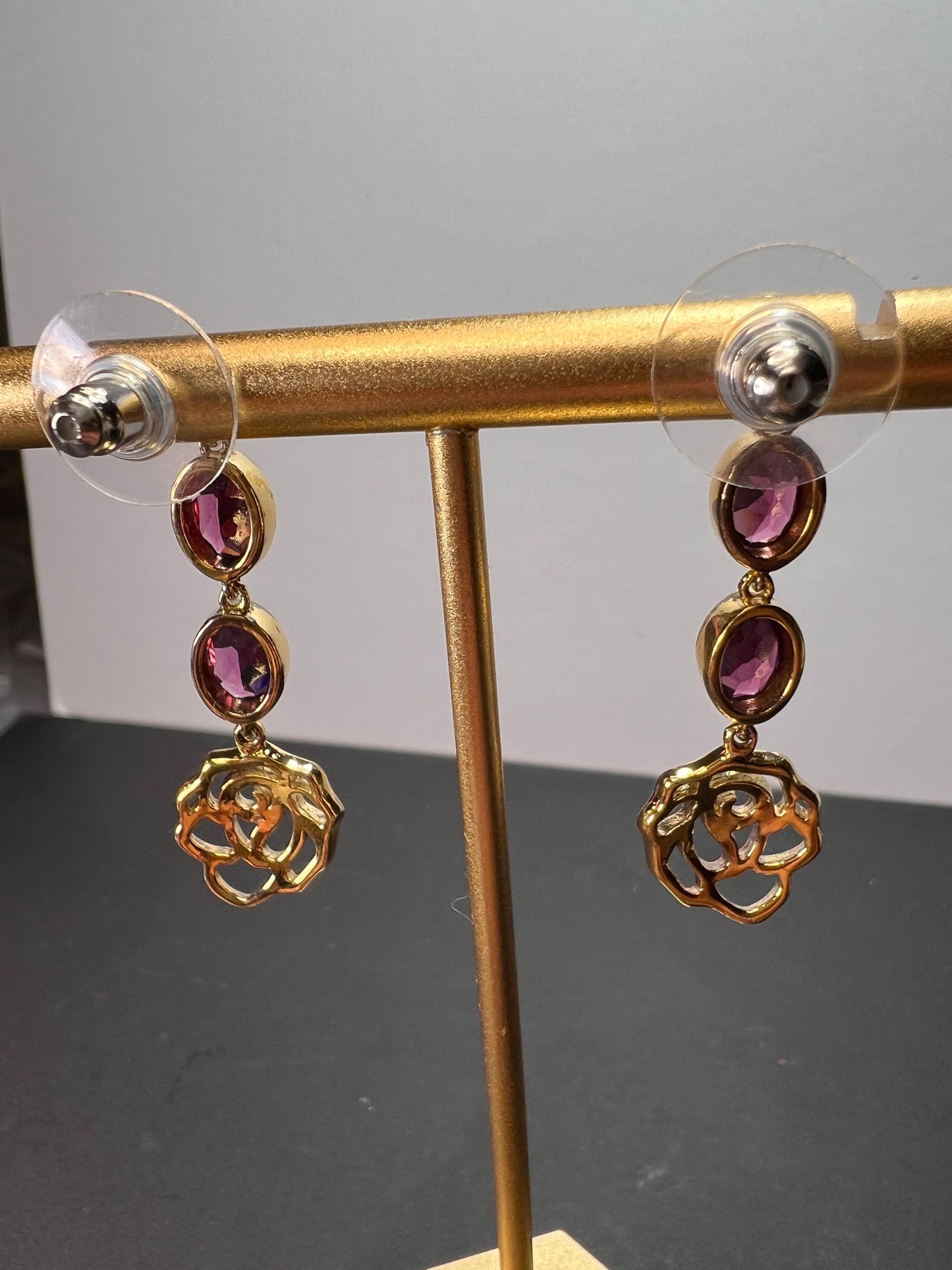 Grape rhodolite garnet dangle earrings in gold over sterling silver