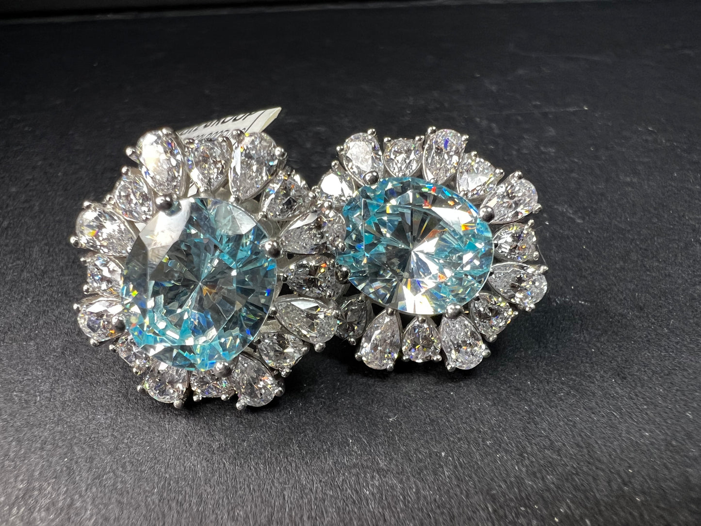Sterling Silver Aqua CZ Halo Omega Back Earrings New w Tags