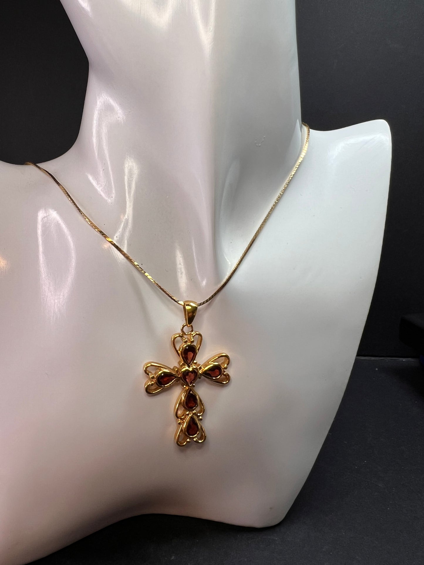 Vintage SETA Garnet Cross Pendant Necklace Gold Tone 24”