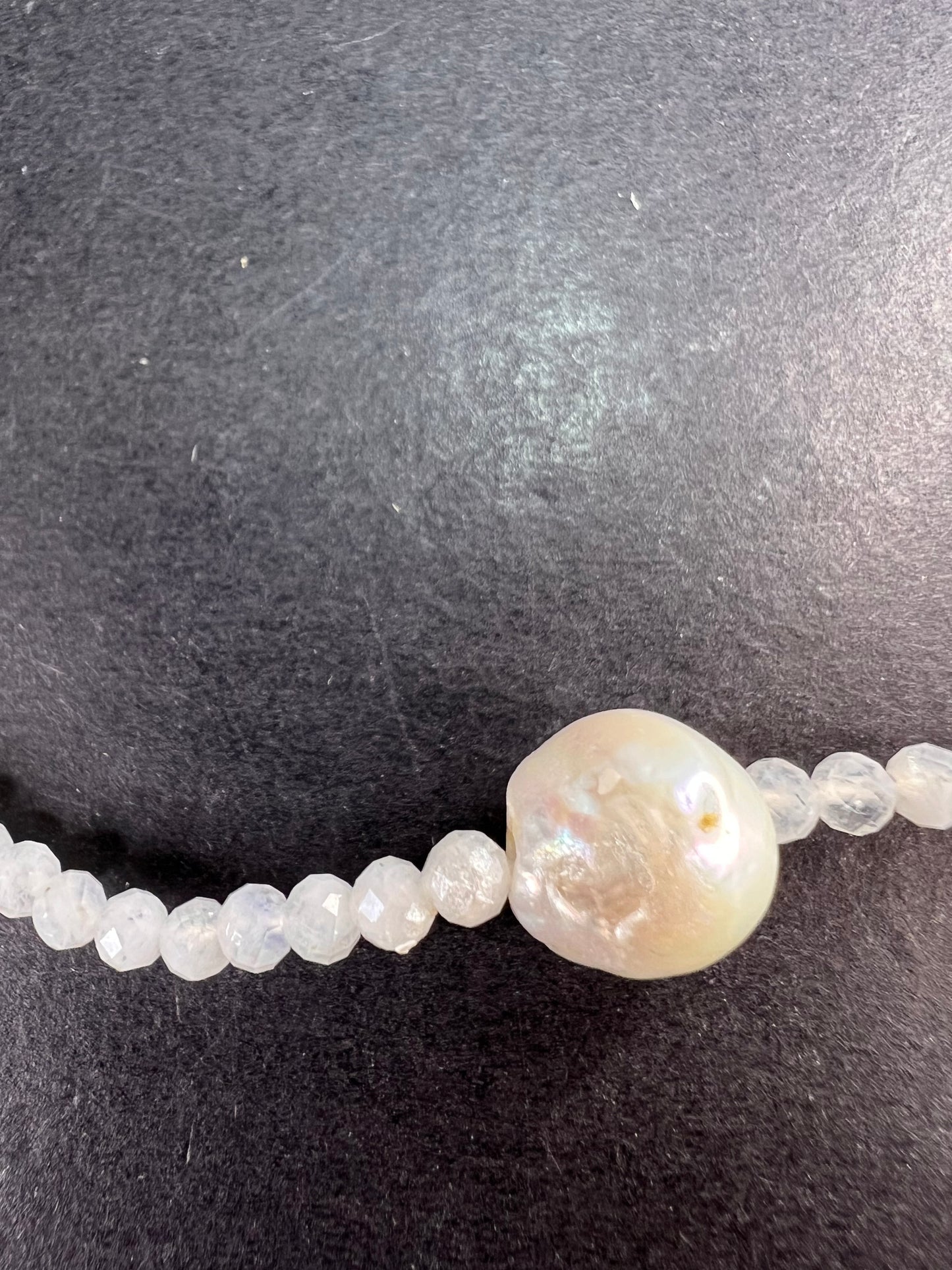 Rainbow moonstone and pearl necklace with sterling silver clasp