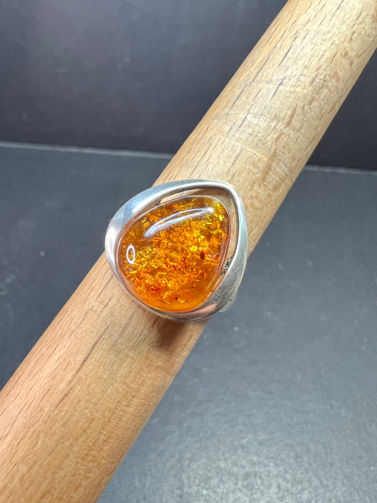 Sterling Silver Baltic Amber Ring Size 8 Teardrop Cabochon
