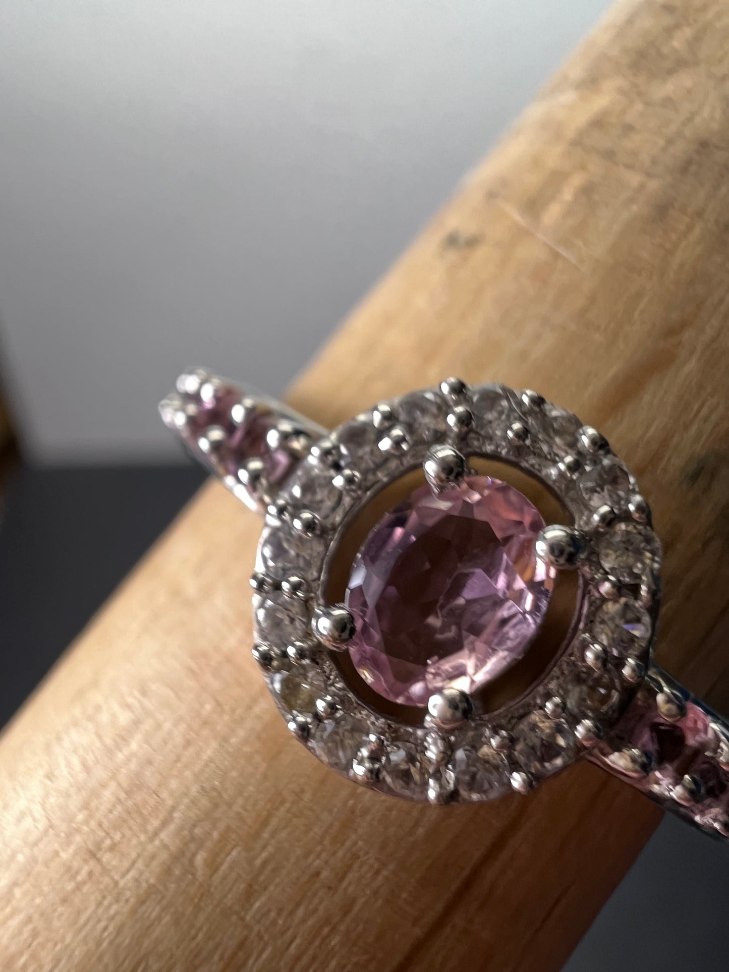 Pink tourmaline and white zircon sterling silver halo ring size 9