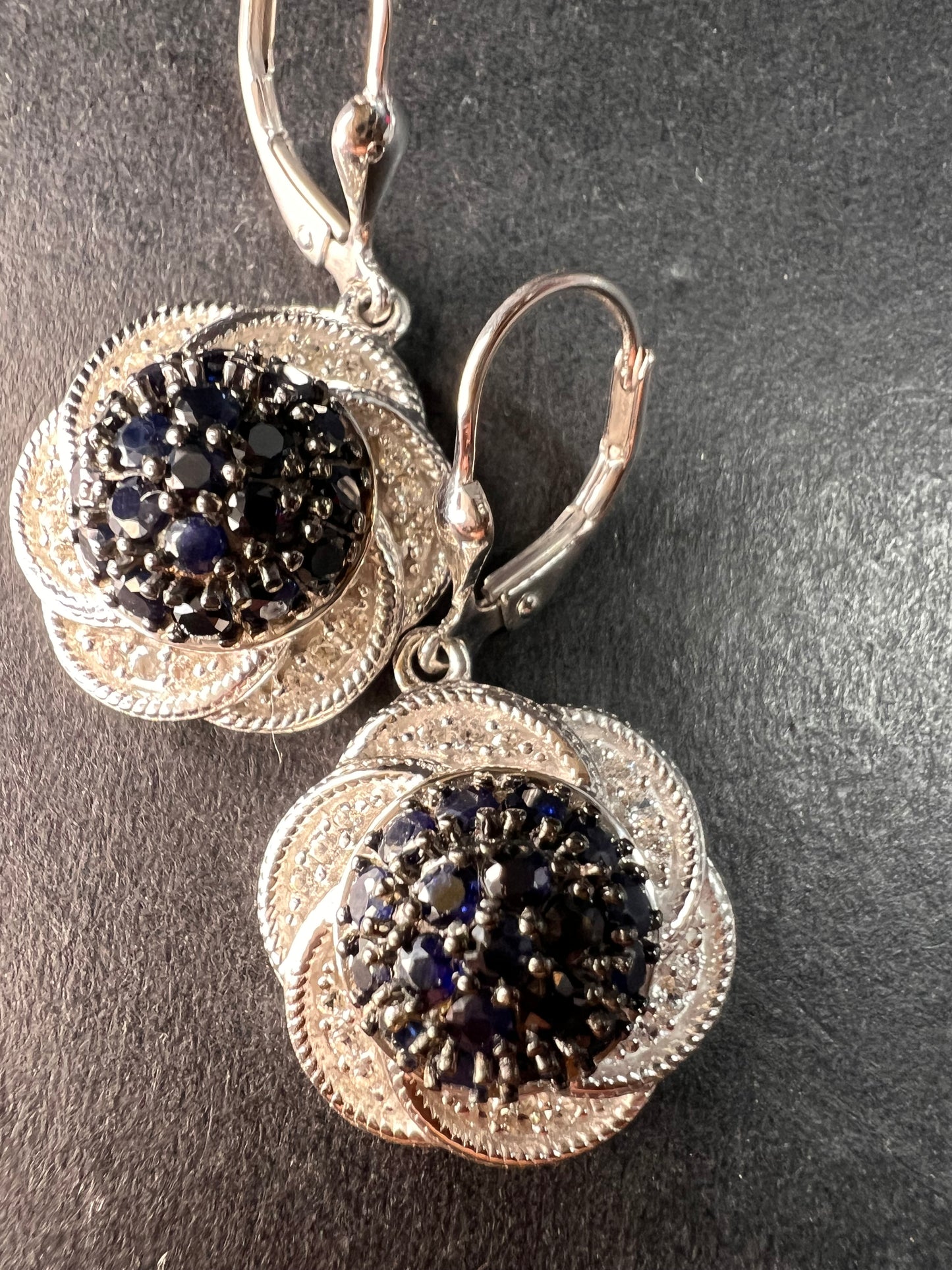 NEW blue sapphire and zircon galaxy halo earrings in rhodium over sterling silver