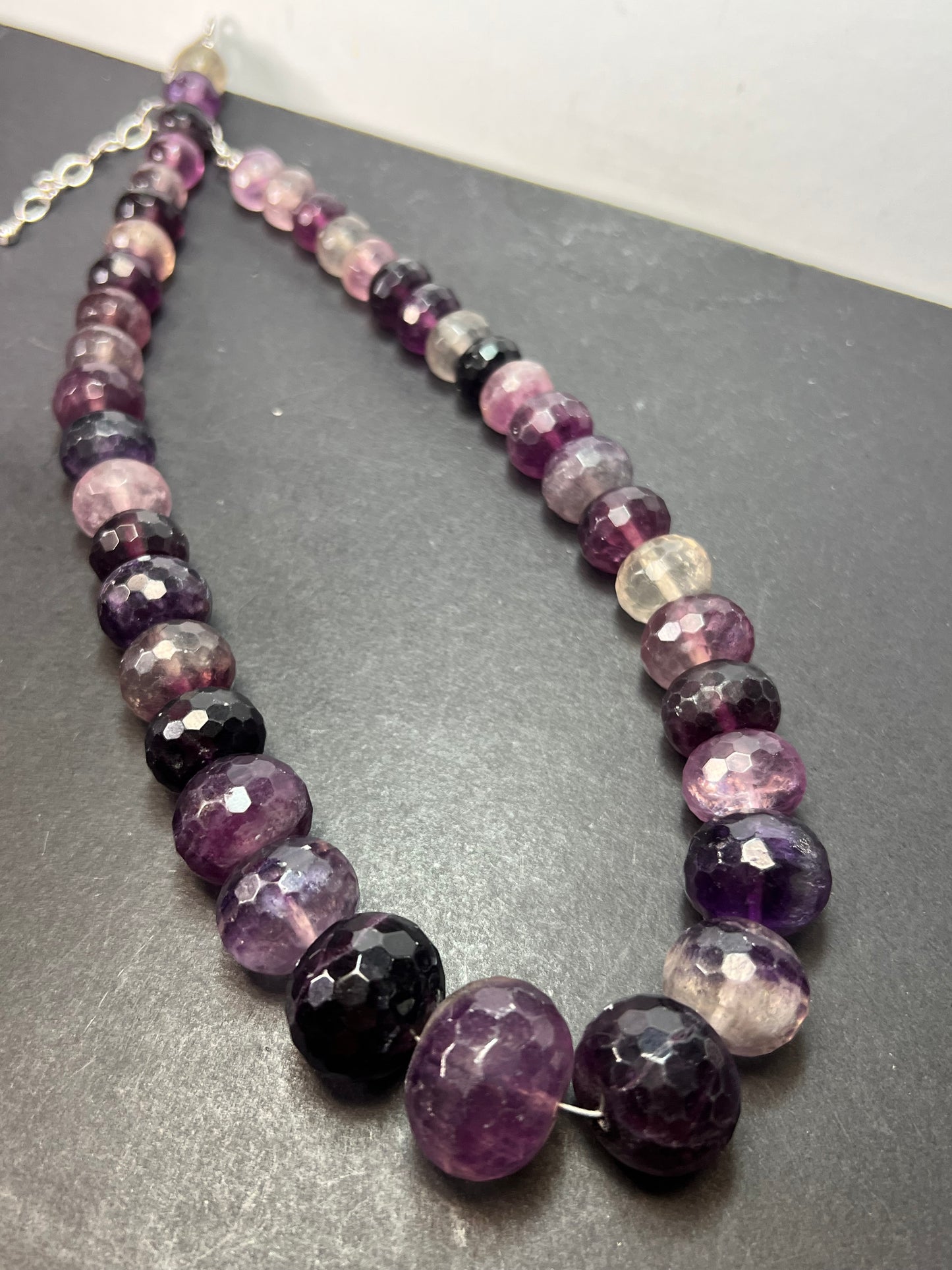 Rainbow and purple fluorite faceted beaded statement necklace with 925 lobster clasp