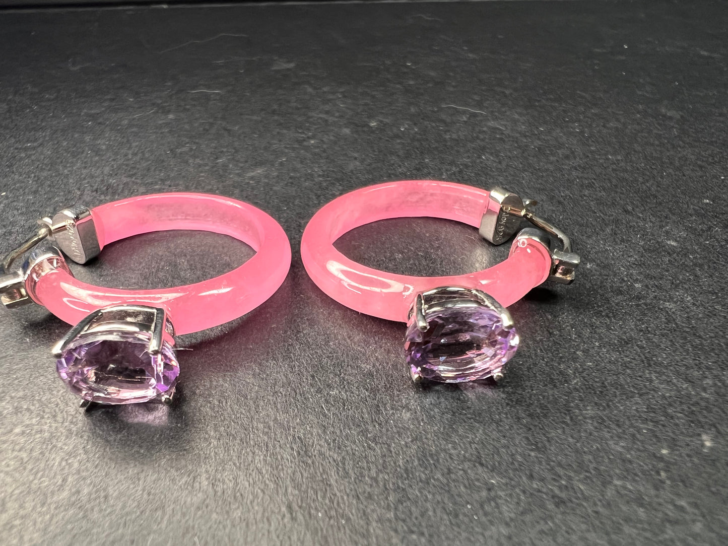 NEW Pink Jade and rose de France amethyst hoop earrings in rhodium over sterling silver