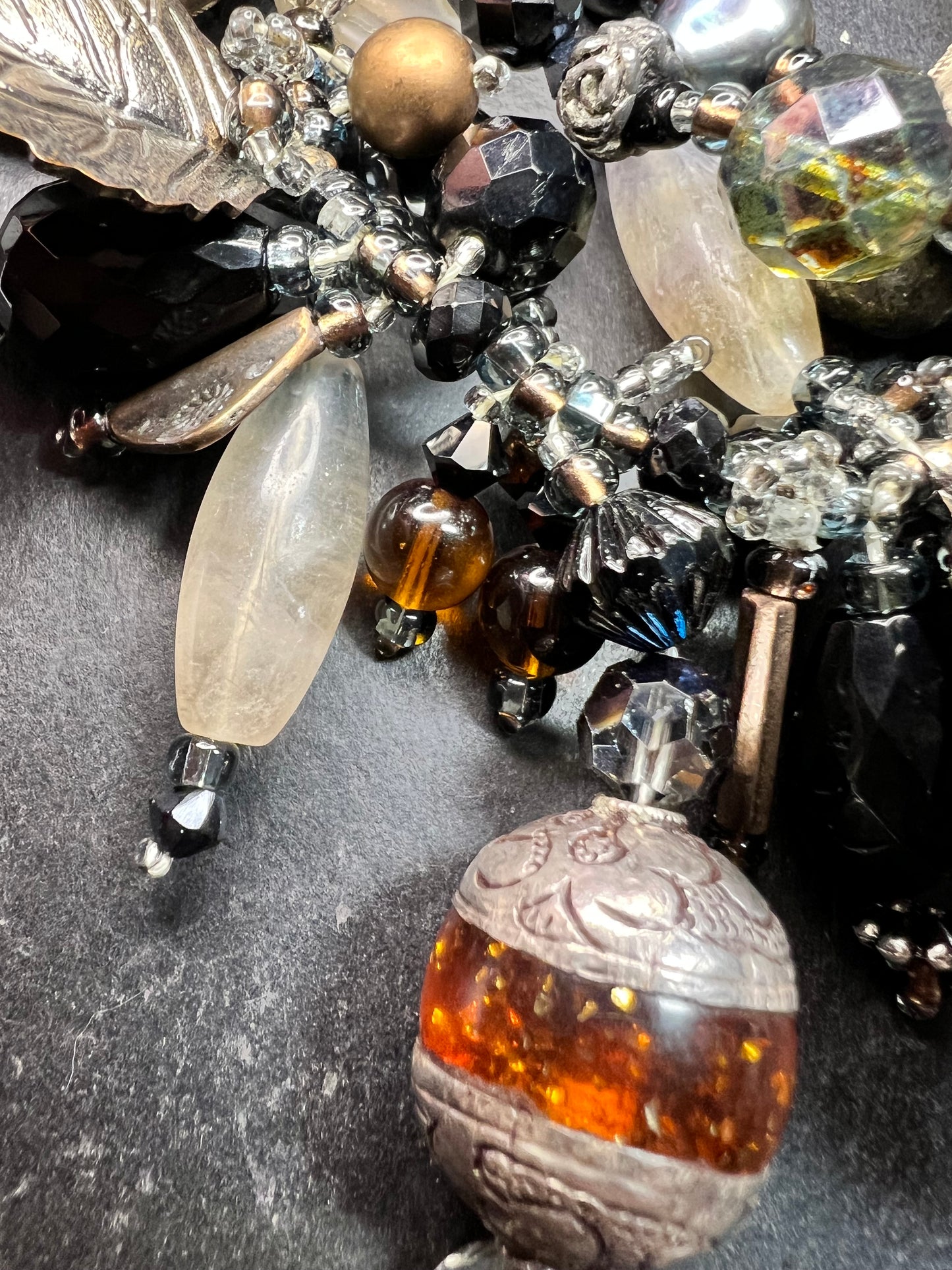 Artisan Copper Wire Necklace Glass Onyx Pyrite Amber Pearl 17”