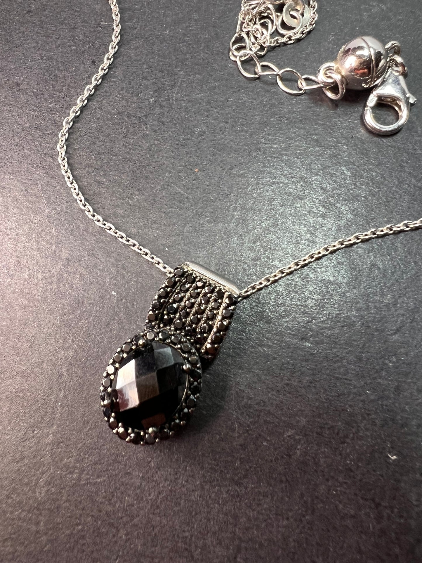 Black spinel pendant and chain necklace in rhodium over sterling silver