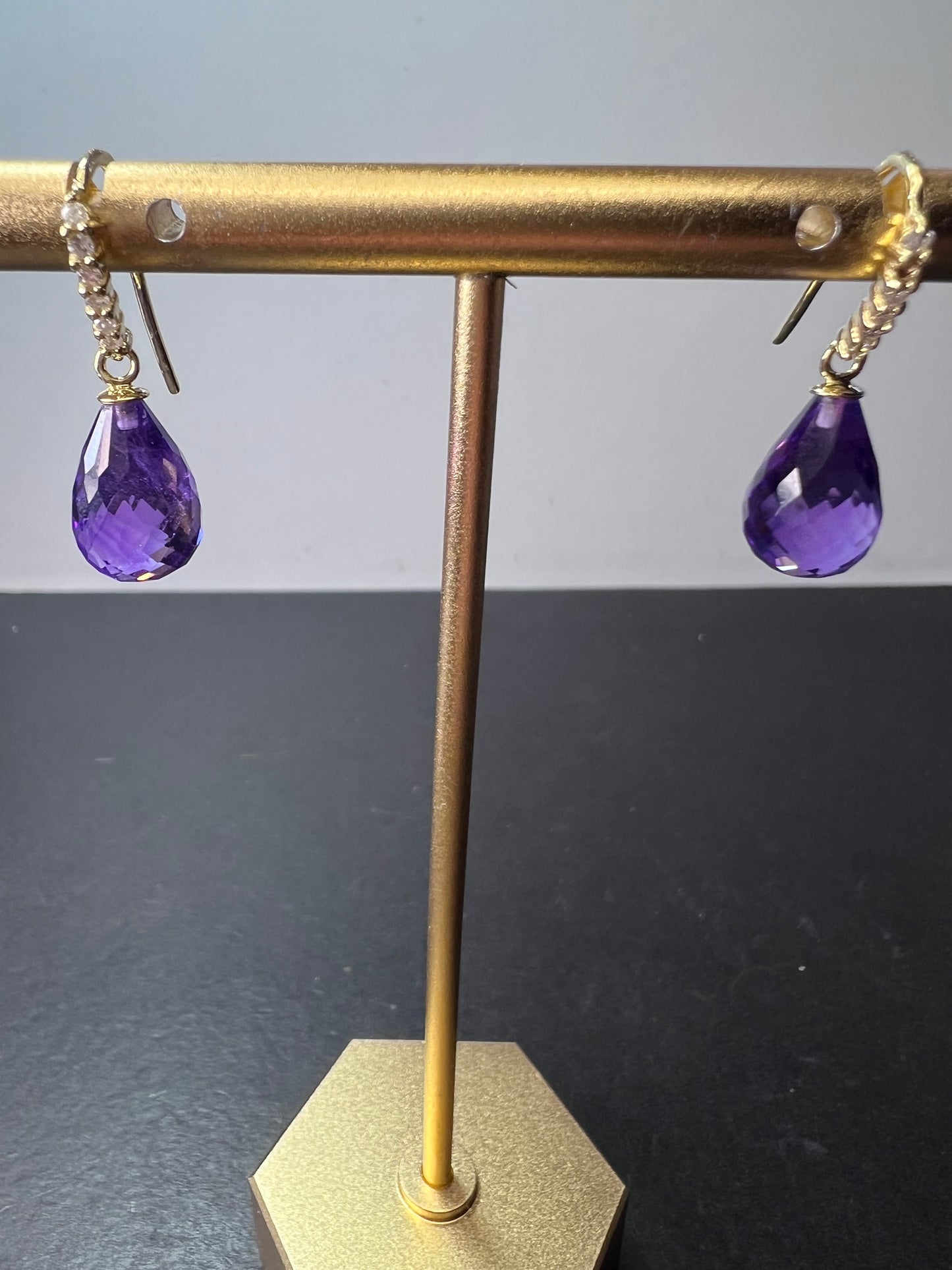 14k gold amethyst briolette and diamond dangle earrings