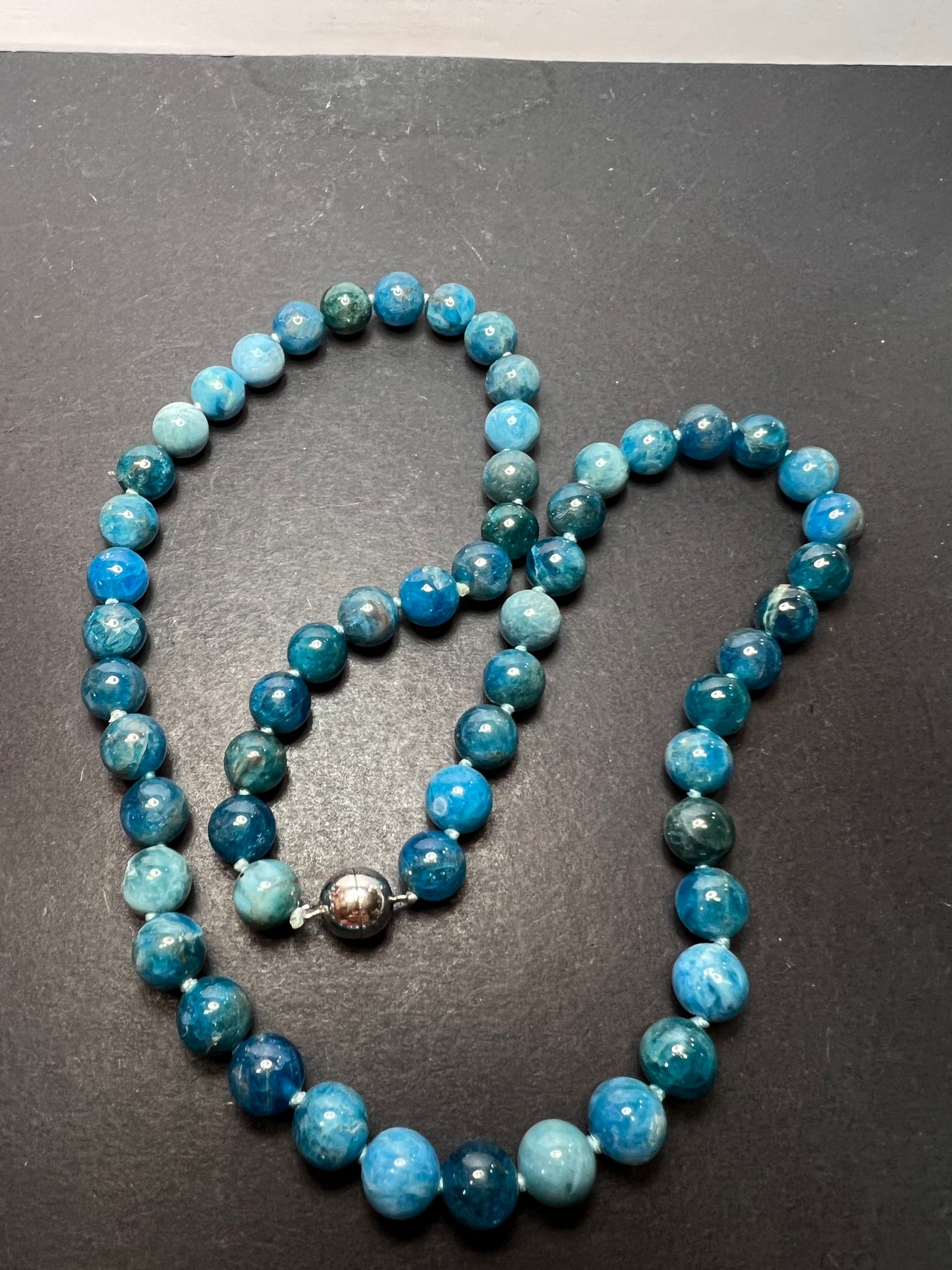 Blue apatite 8 mm knotted necklace