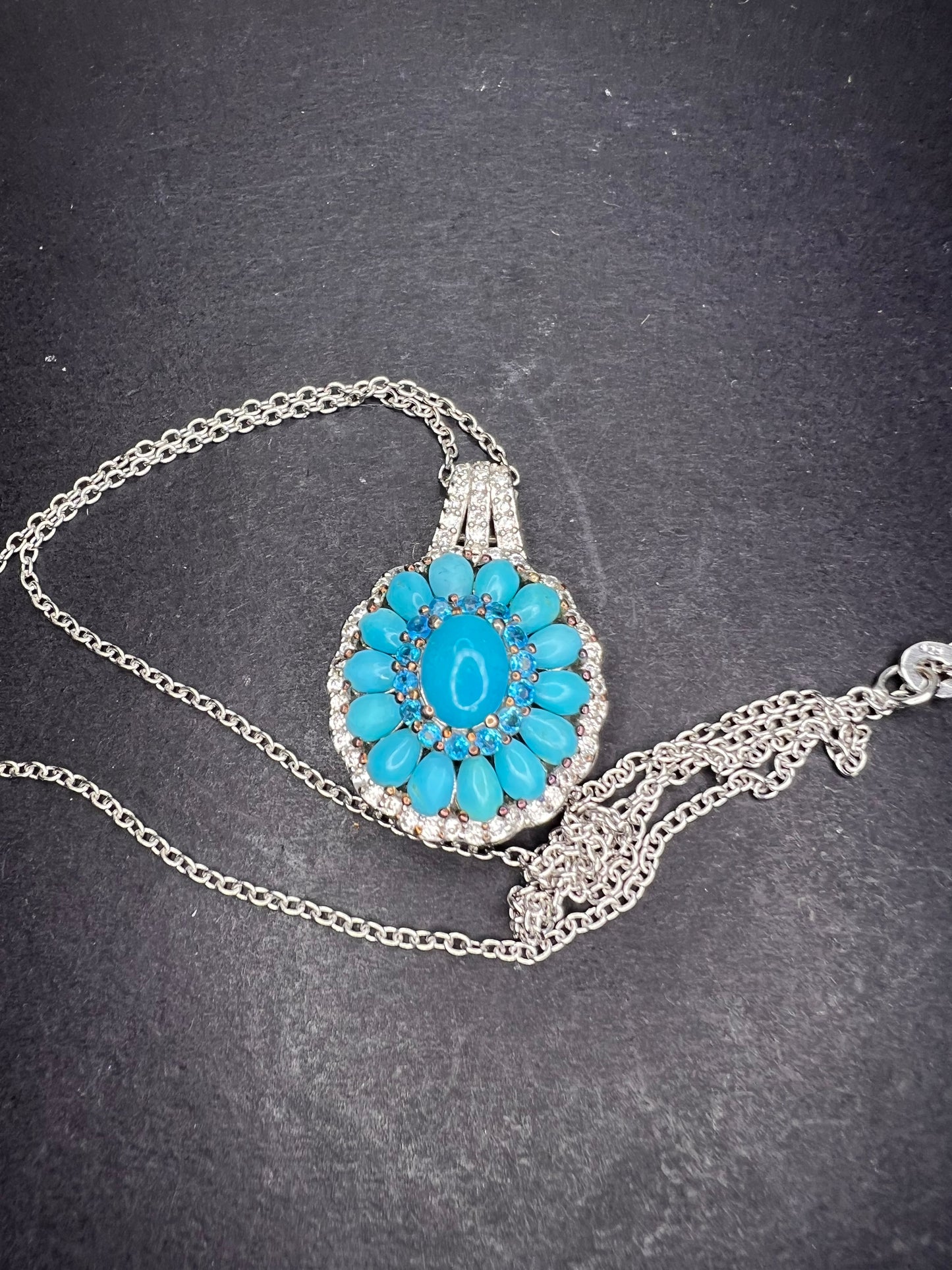 Turquoise and neon blue apatite halo sterling silver necklace with chain