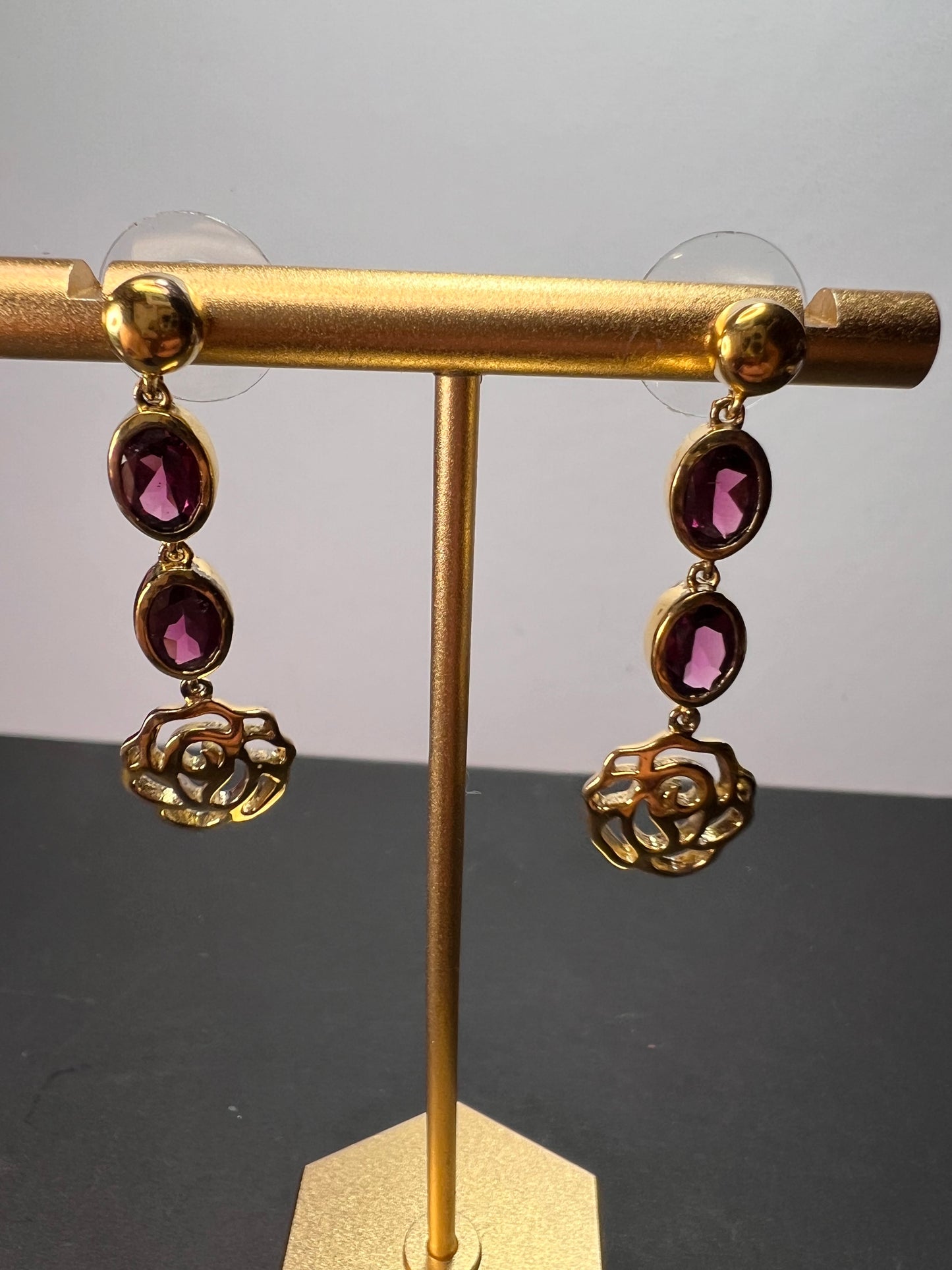 Grape rhodolite garnet dangle earrings in gold over sterling silver