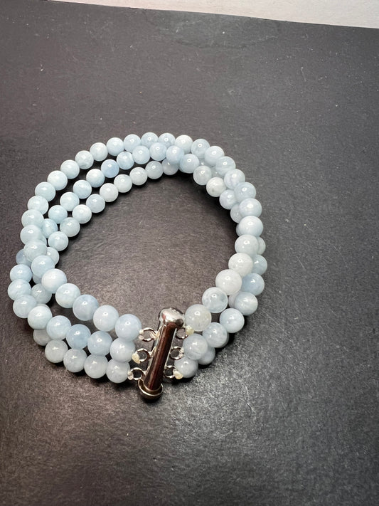 Triple strand beaded aquamarine bracelet with sterling silver slide clasp *NEW*