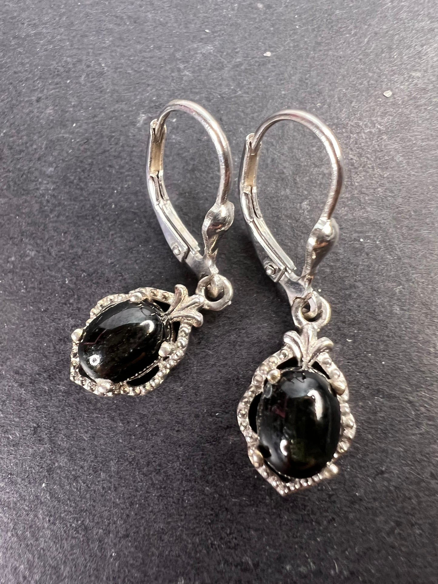 Black star sapphire sterling silver leverback earrings